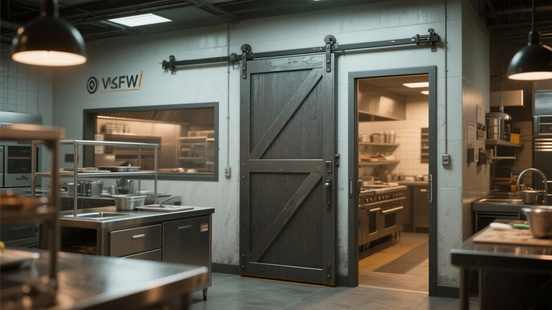 Dark wood sliding door in a professional kitchen with stainless steel counters and black ceiling lights