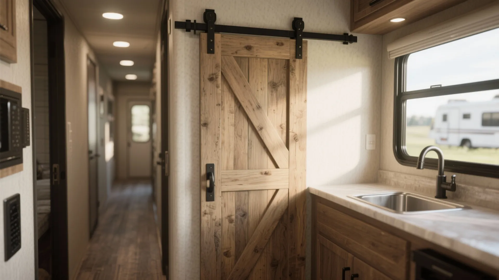 Rustic wooden sliding barn door in a mobile home interior with small kitchen and sink