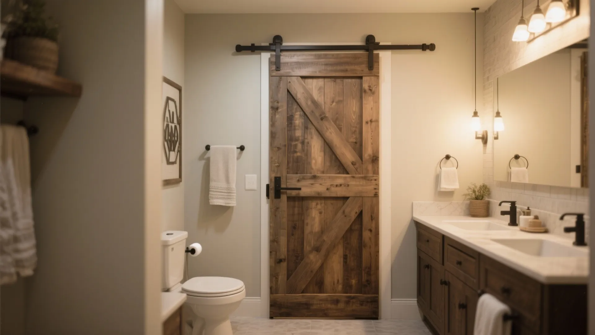 Rustic sliding barn door leading to a master bathroom