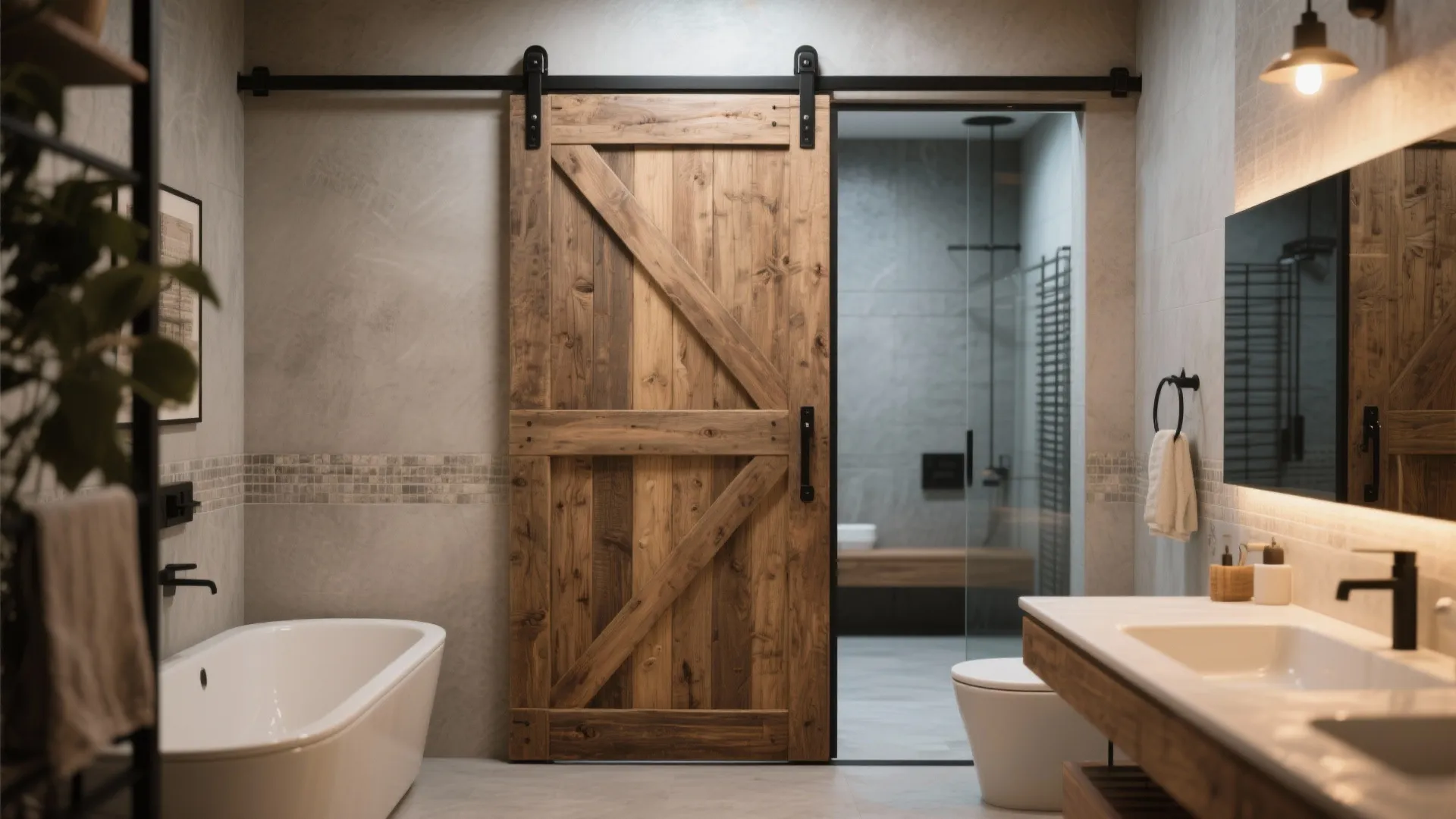 Modern bathroom featuring a rustic wooden sliding door white bathtub vanity and warm wall light