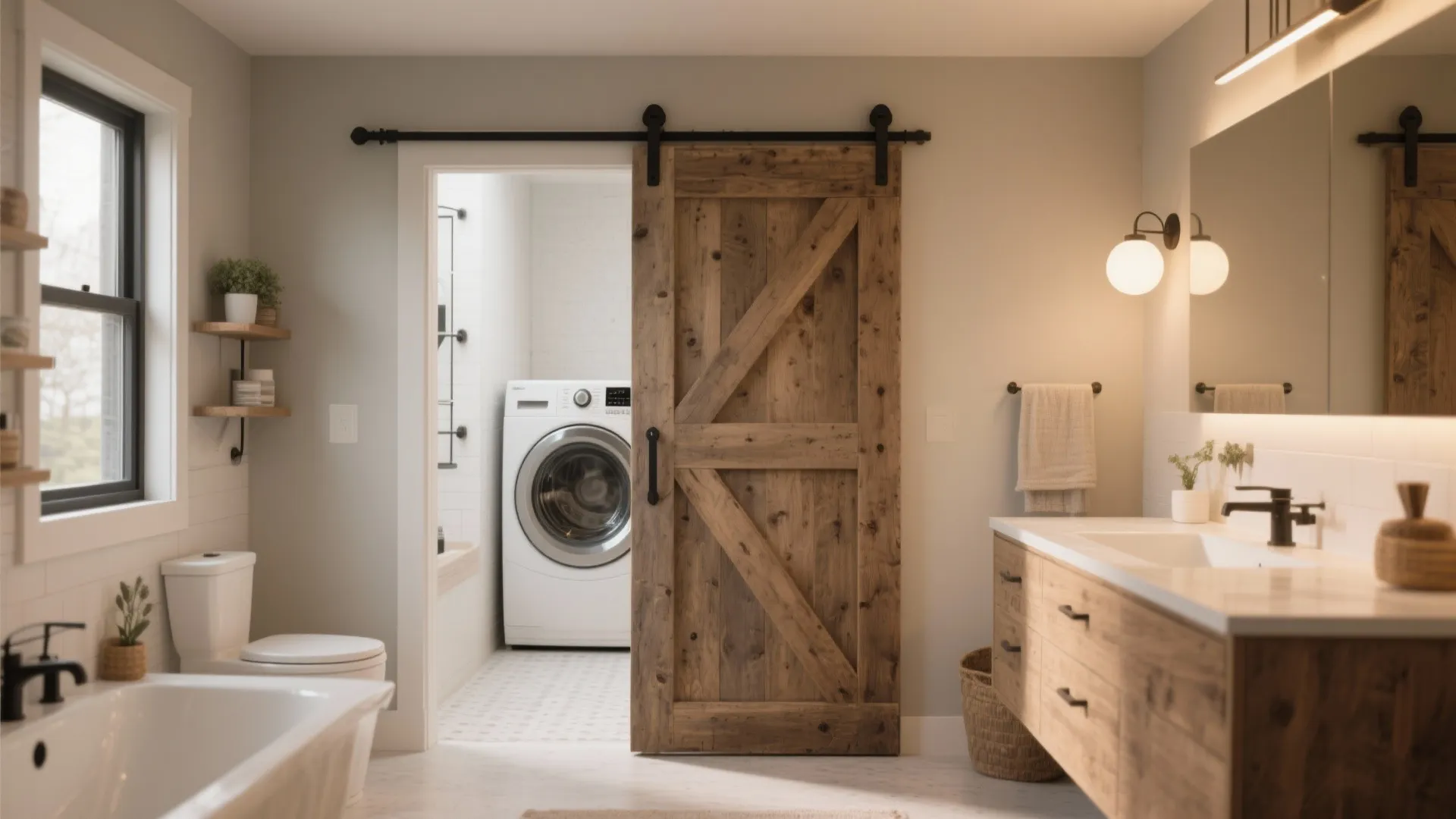 Rustic wood sliding barn door opening to a laundry room with a white washing machine
