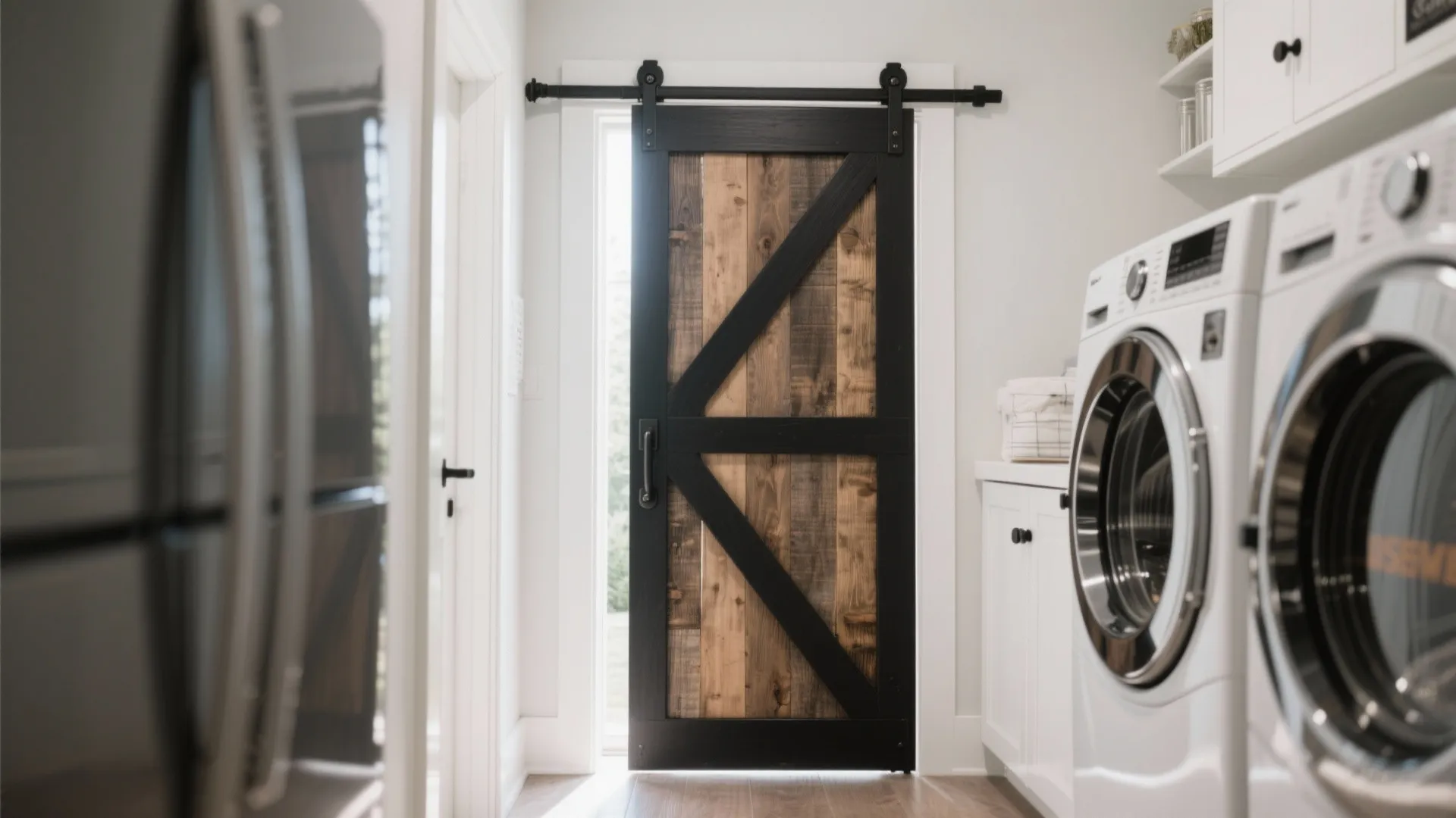 Sliding barn door opening to a compact laundry room