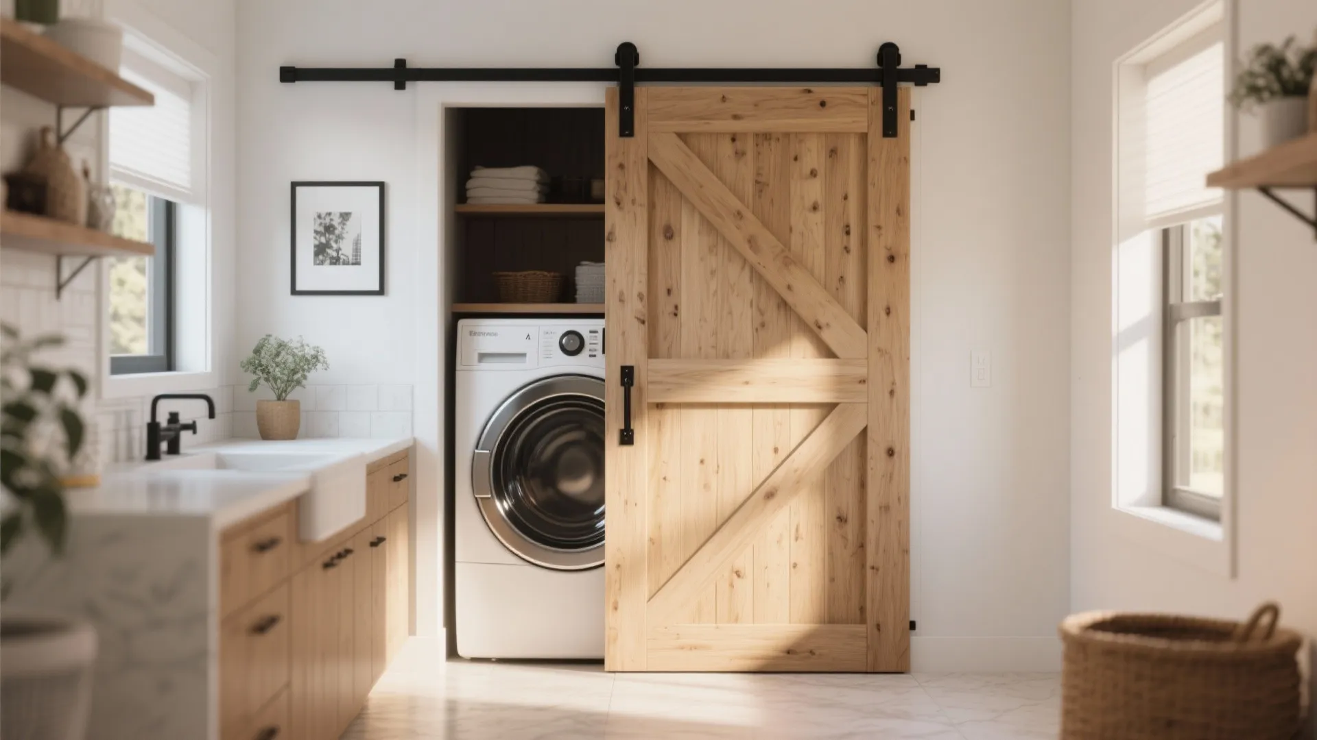 Bright laundry area with a wooden sliding door opening to reveal a white washing machine