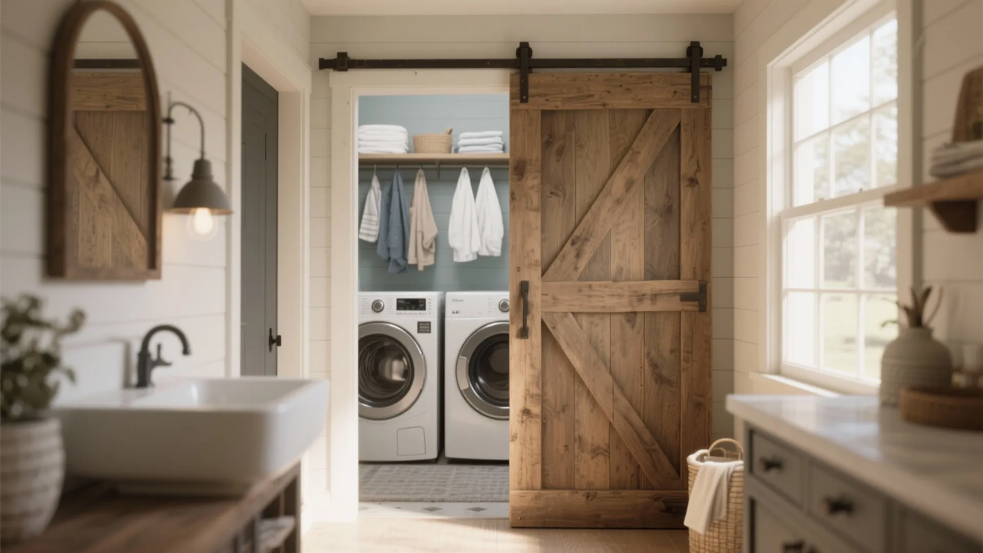 Rustic wooden sliding barn door opening into a laundry room with washer and dryer machines