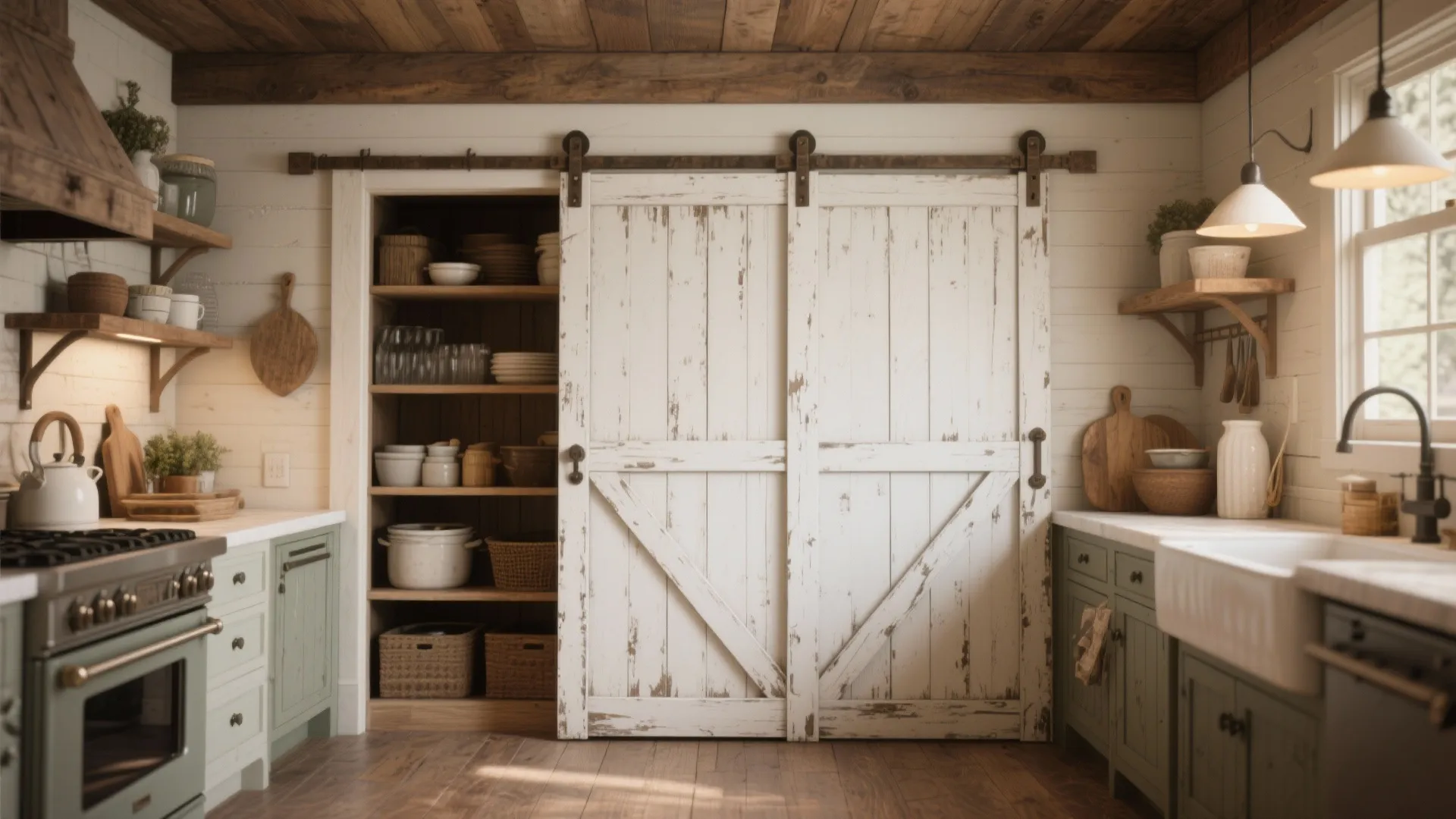 Farmhouse kitchen with sliding barn doors to a walk-in pantry