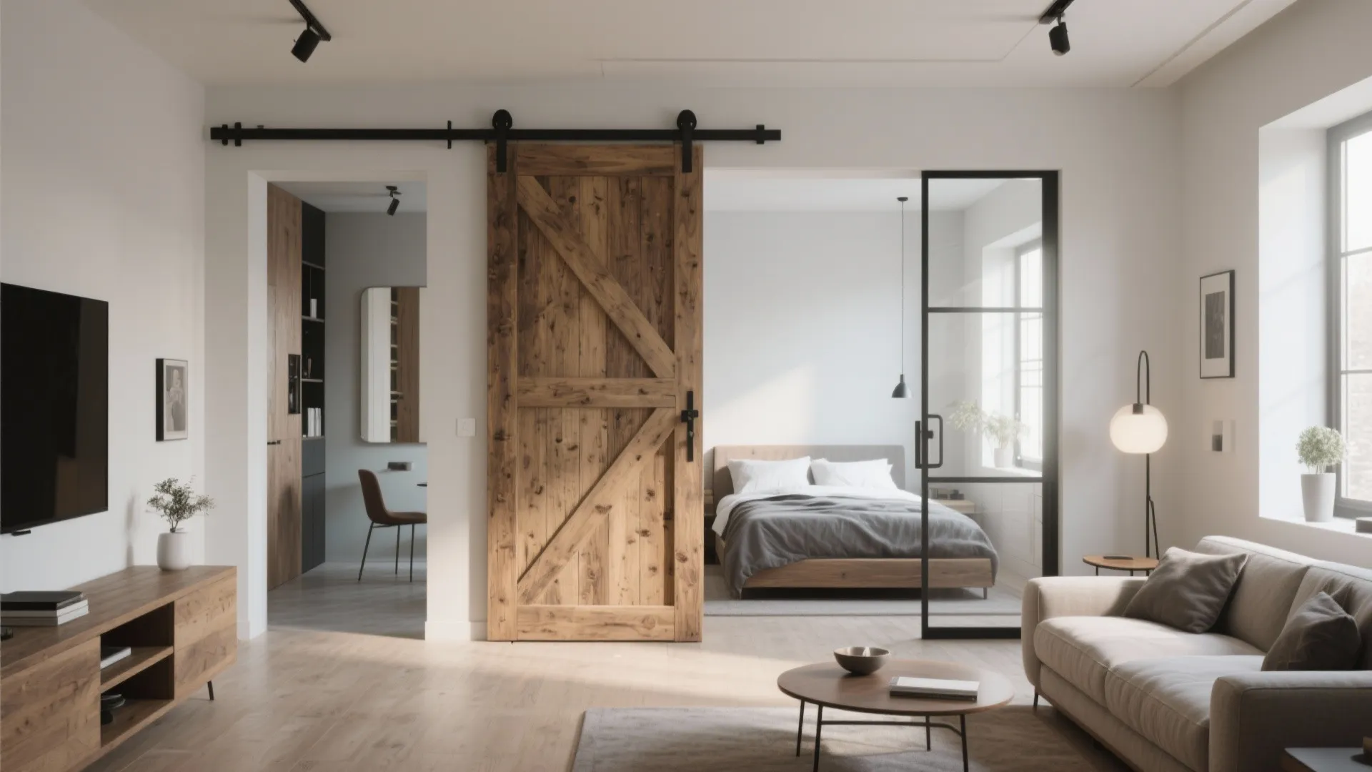 Modern studio with rustic sliding barn door partition