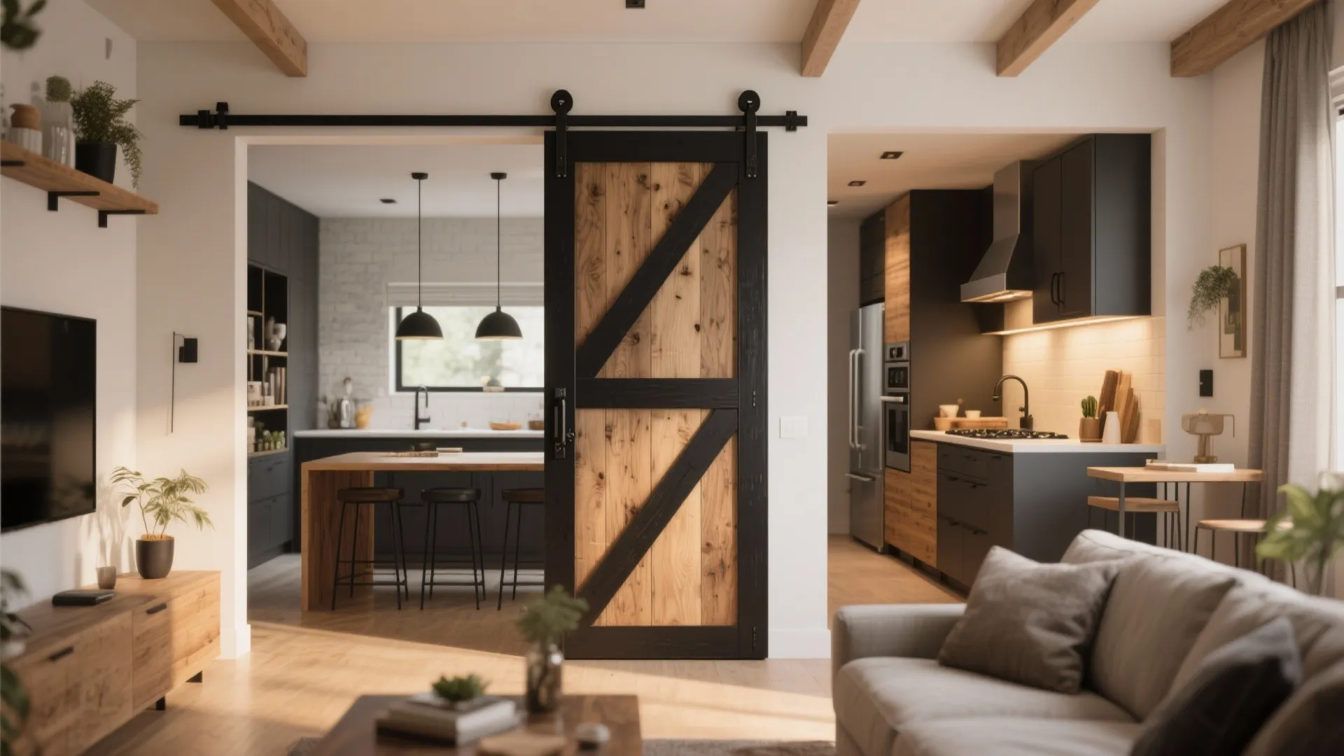 Rustic wooden sliding barn door with black frame separating modern living room and kitchen area layout