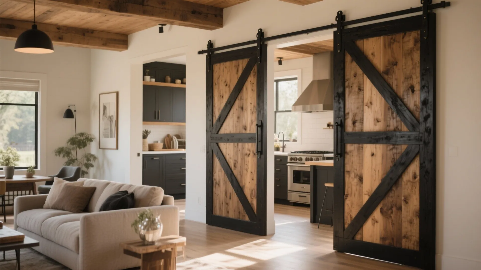 Living room with beige sofa looking through double wooden sliding doors into a dark kitchen