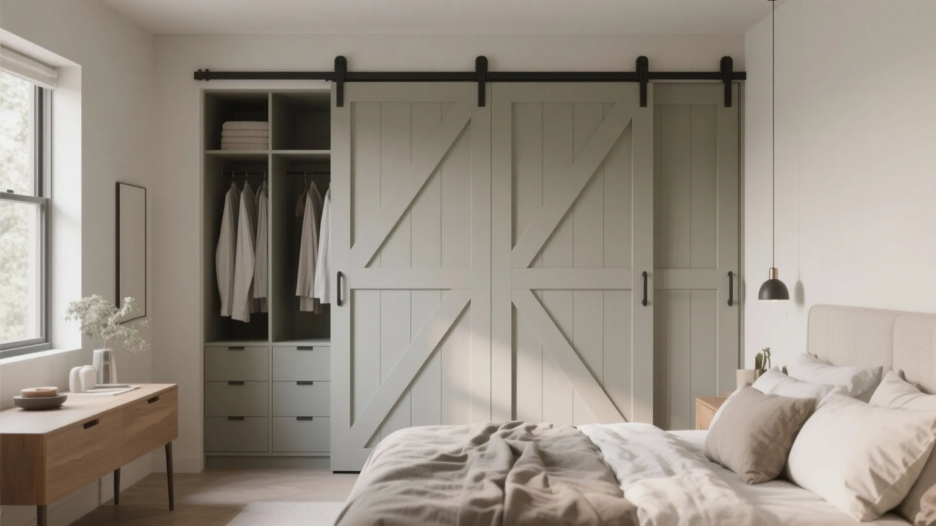 Light green sliding closet doors in a bedroom next to a wooden cabinet and window