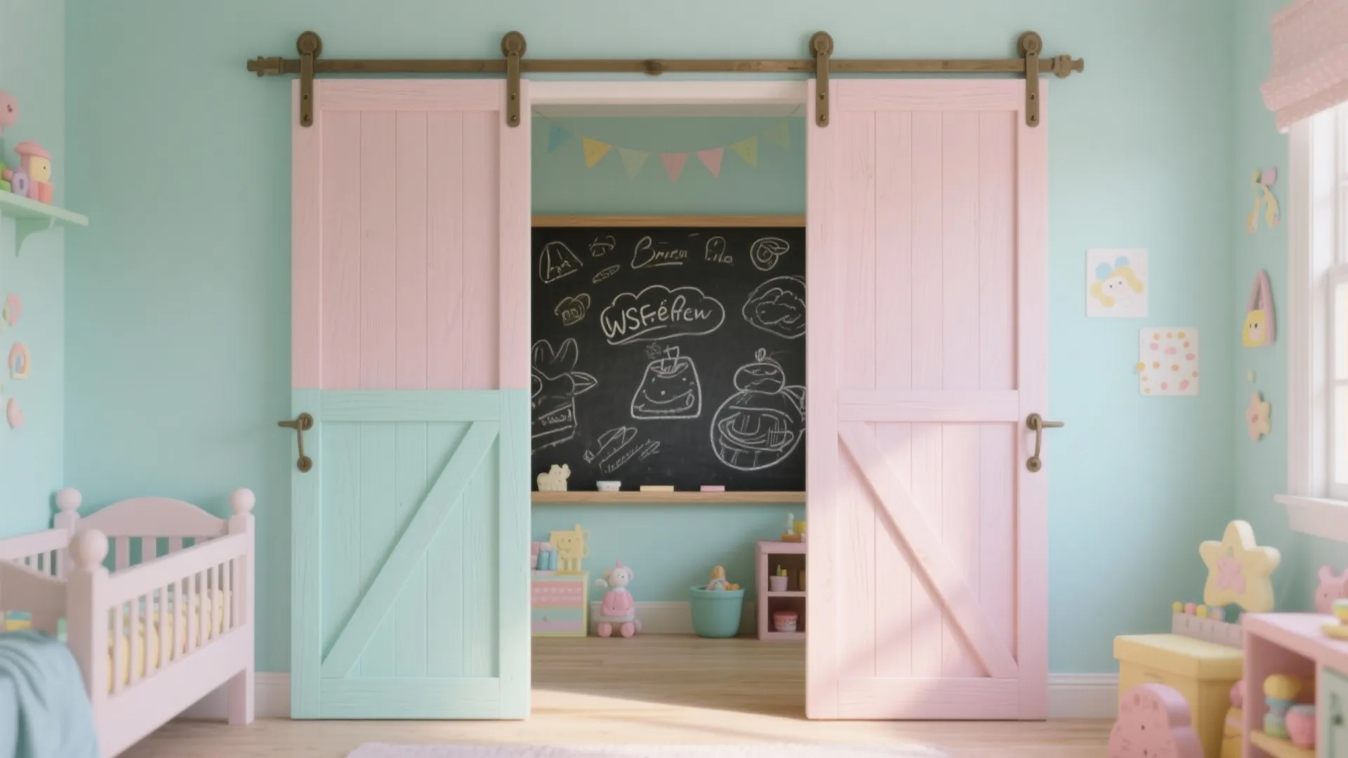 Pastel sliding barn doors with chalkboard interior in kids room