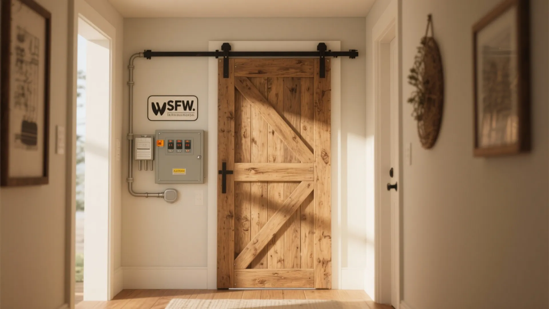 Mini sliding barn door hiding a hallway fuse box