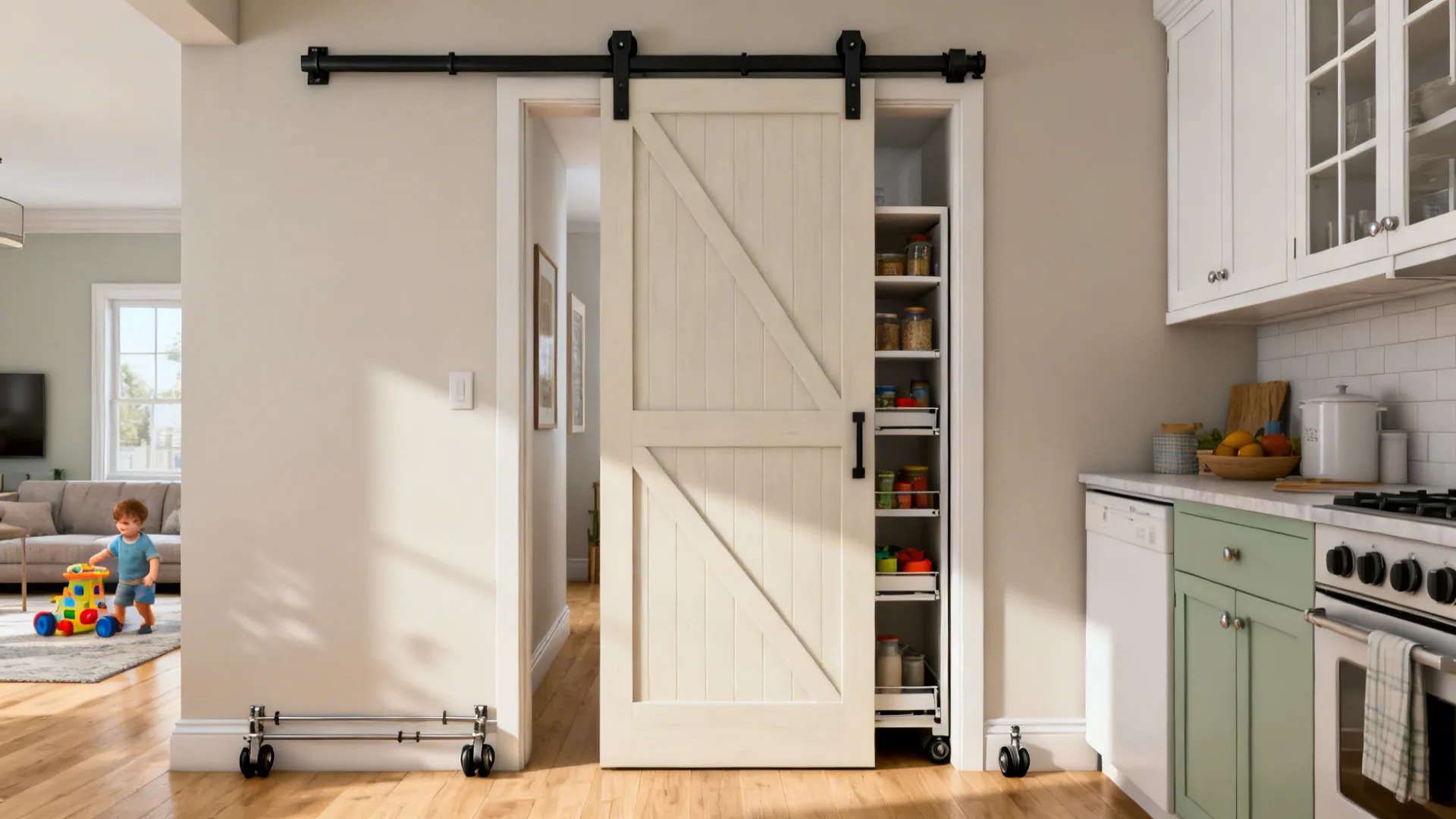 Sliding barn-style kitchen gate on a black track in a narrow corridor with soft daylight.