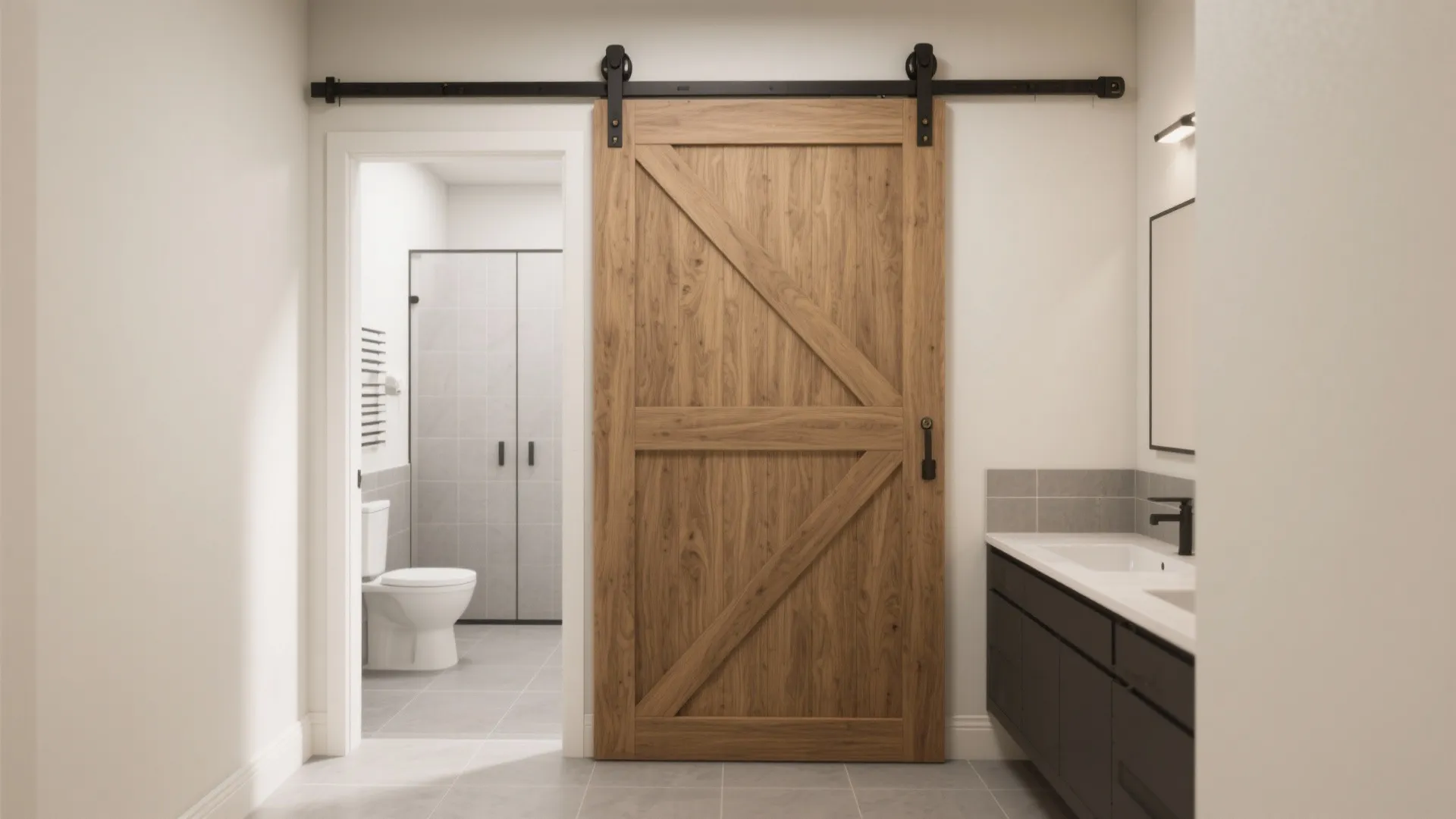 Small corridor with barn-style sliding HPL bathroom door on a continuous header track.