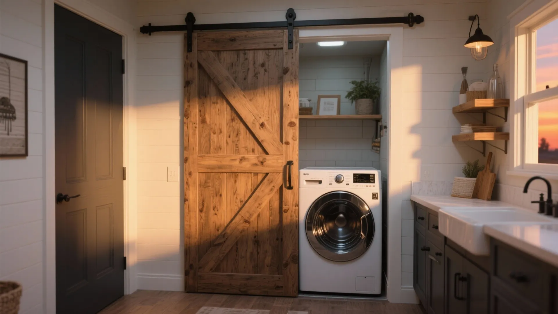 Laundry area hidden behind a sliding wood barn door featuring a white washing machine and shelves