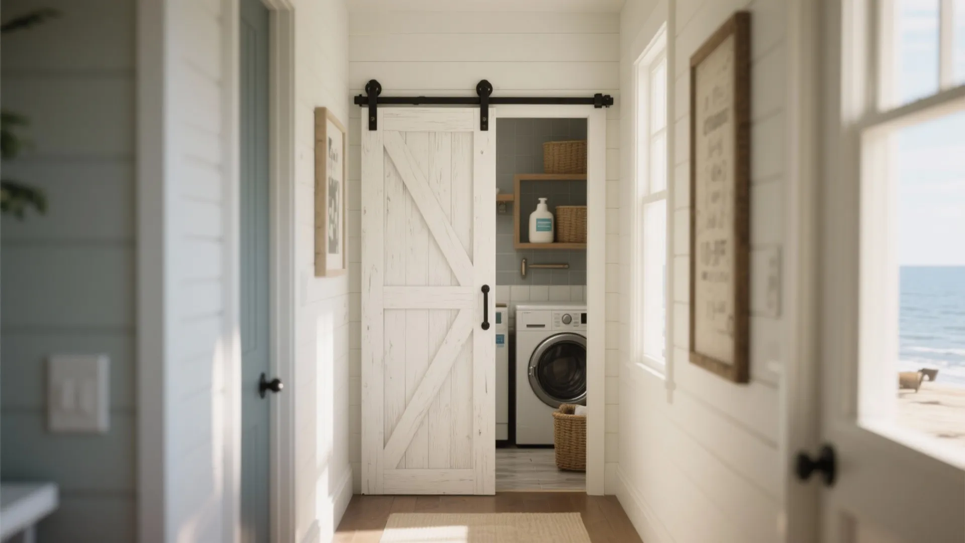 White hallway featuring a white wood sliding door opening to reveal a compact laundry area