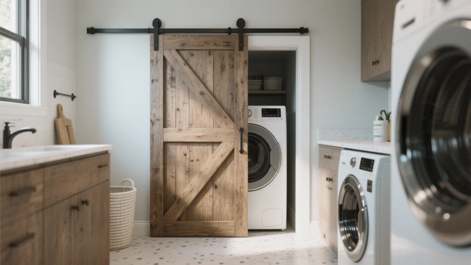 Rustic wooden sliding barn door opening to reveal a white washing machine in laundry room