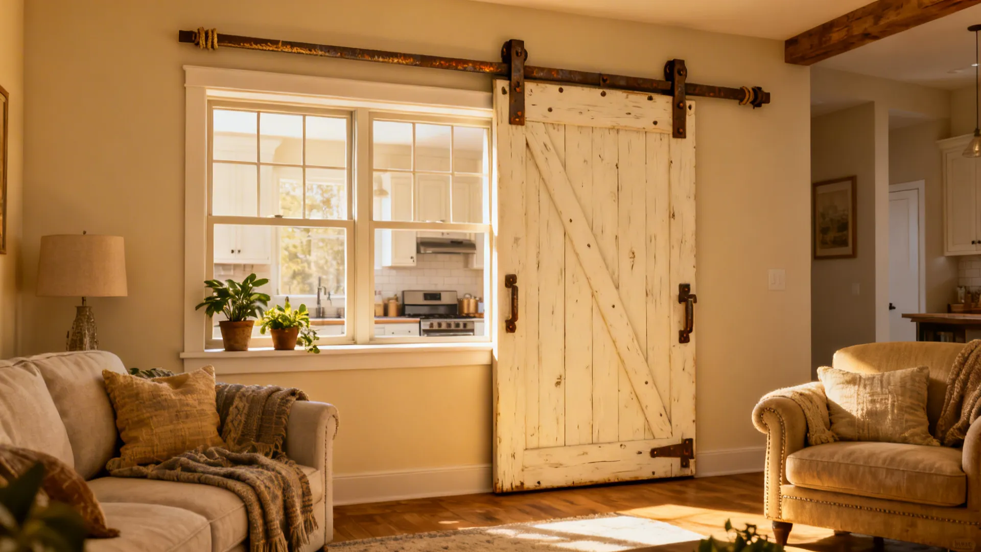Sliding barn-style window with visible metal hardware between kitchen and living room.