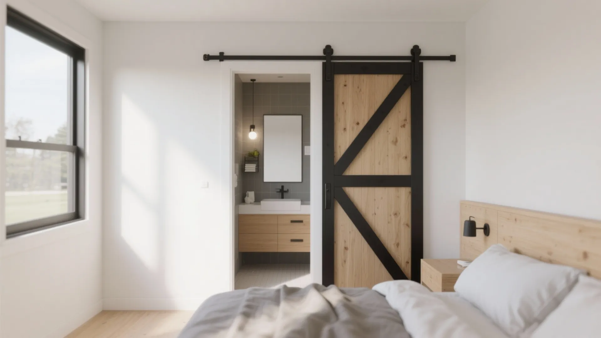 Bedroom view showing a wooden sliding door leading to a bathroom with a sink cabinet