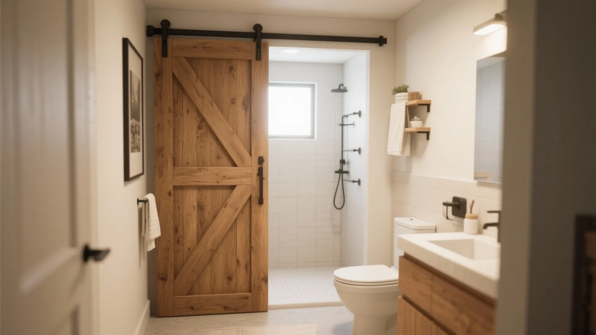 Modern bathroom with sliding wooden door, white toilet, vanity, sink, mirror, and a walk-in shower