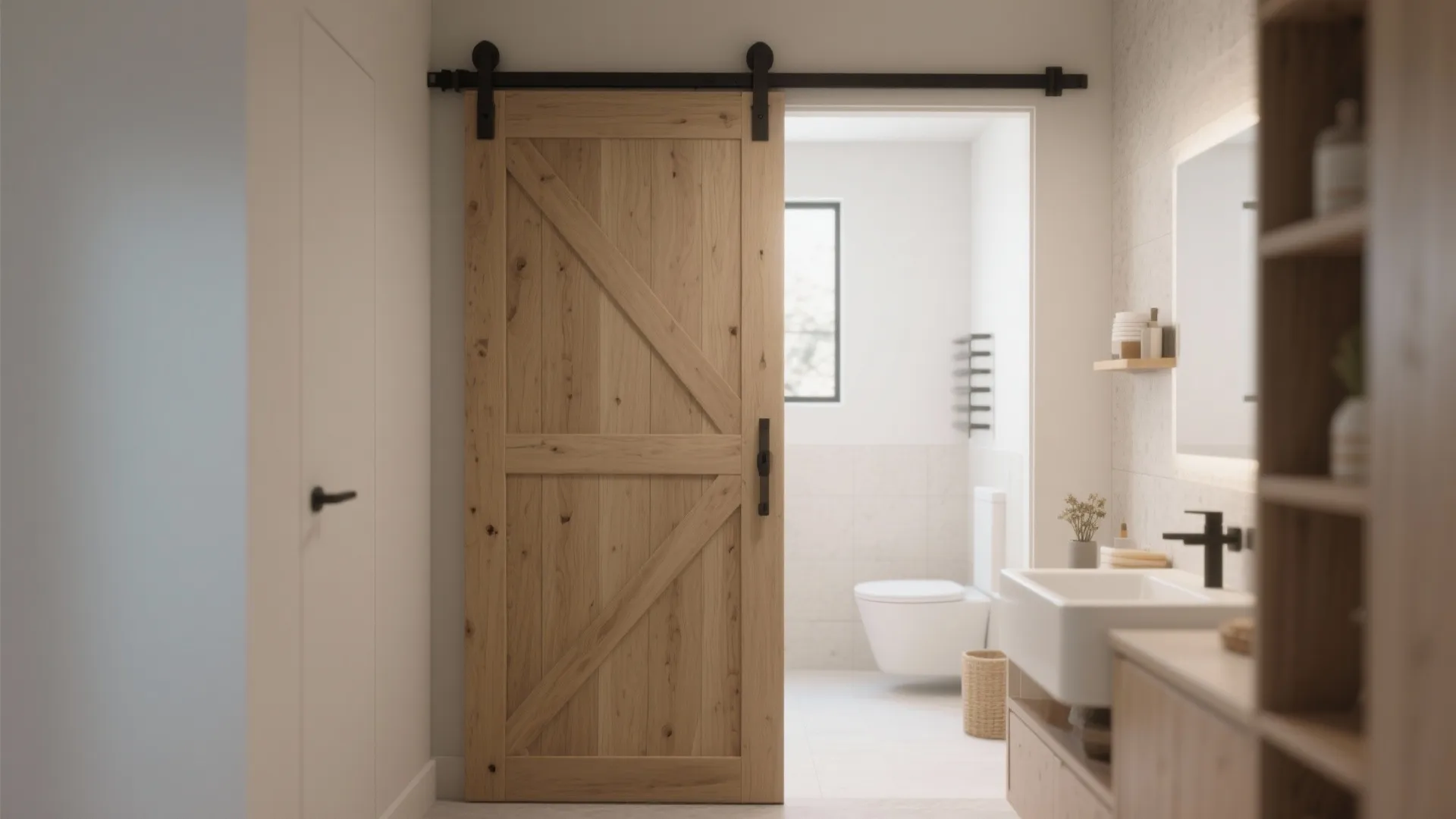 Modern bathroom with a light wood sliding barn door leading to a white tiled area