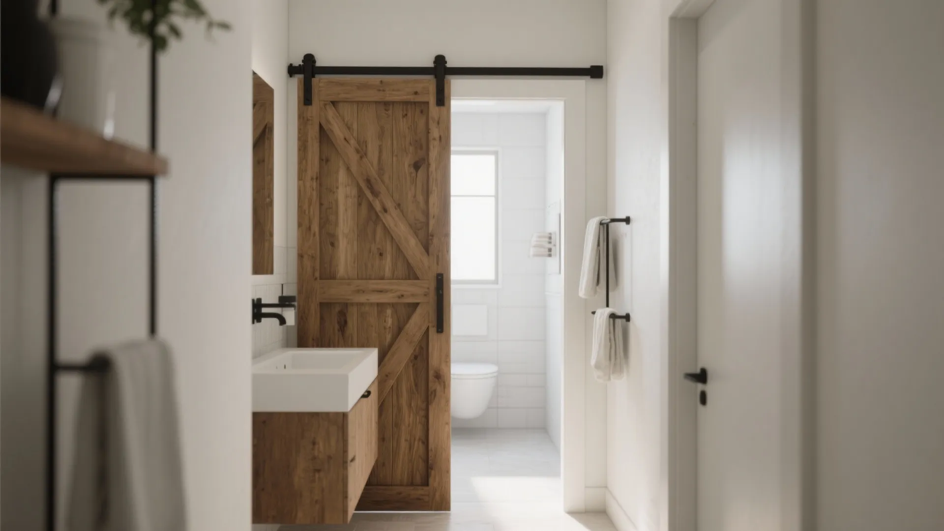 Modern bathroom with a wooden sliding door white sink vanity toilet and white wall tiles
