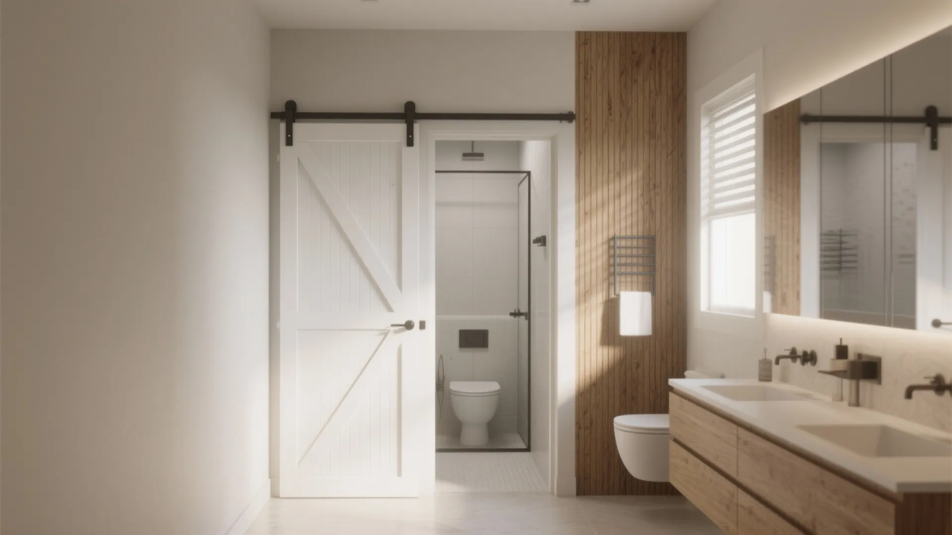 White sliding barn door opening into a bathroom with wooden wall panels and double sink cabinet