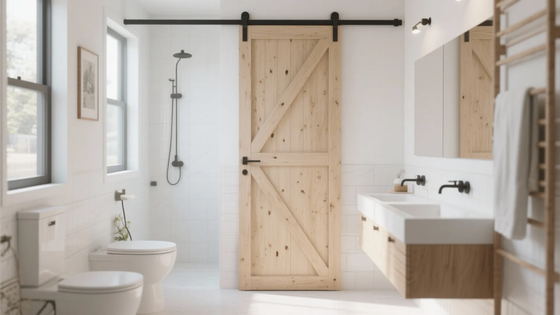 Bright bathroom featuring wooden sliding barn door double sinks white toilet and black shower head