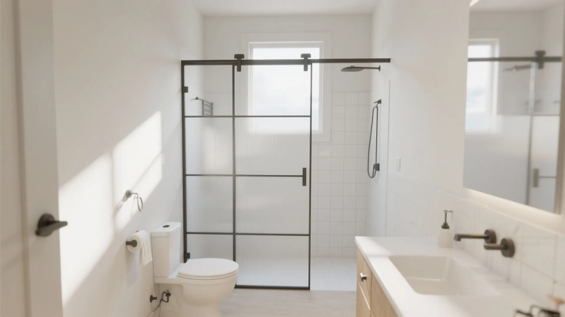 Bright bathroom featuring black frame sliding glass shower door white toilet and light wood cabinet