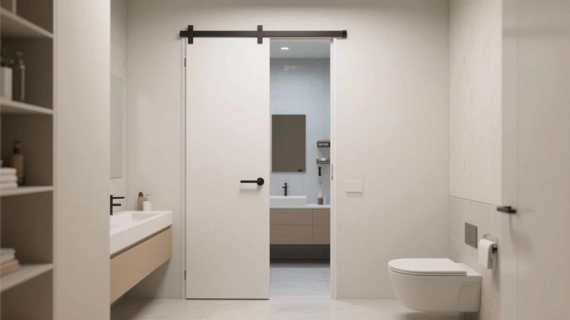 Modern white sliding barn door for a bathroom with a toilet and wooden vanity unit