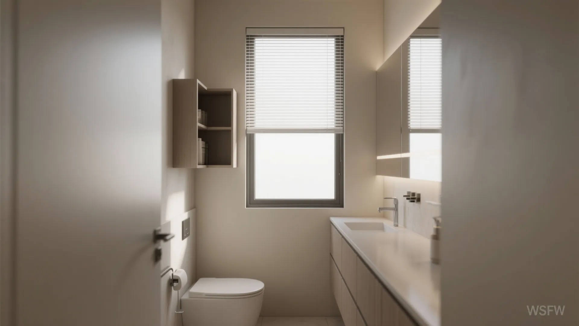 Minimalist narrow bathroom with white toilet long wood cabinet sink mirror and window with blinds