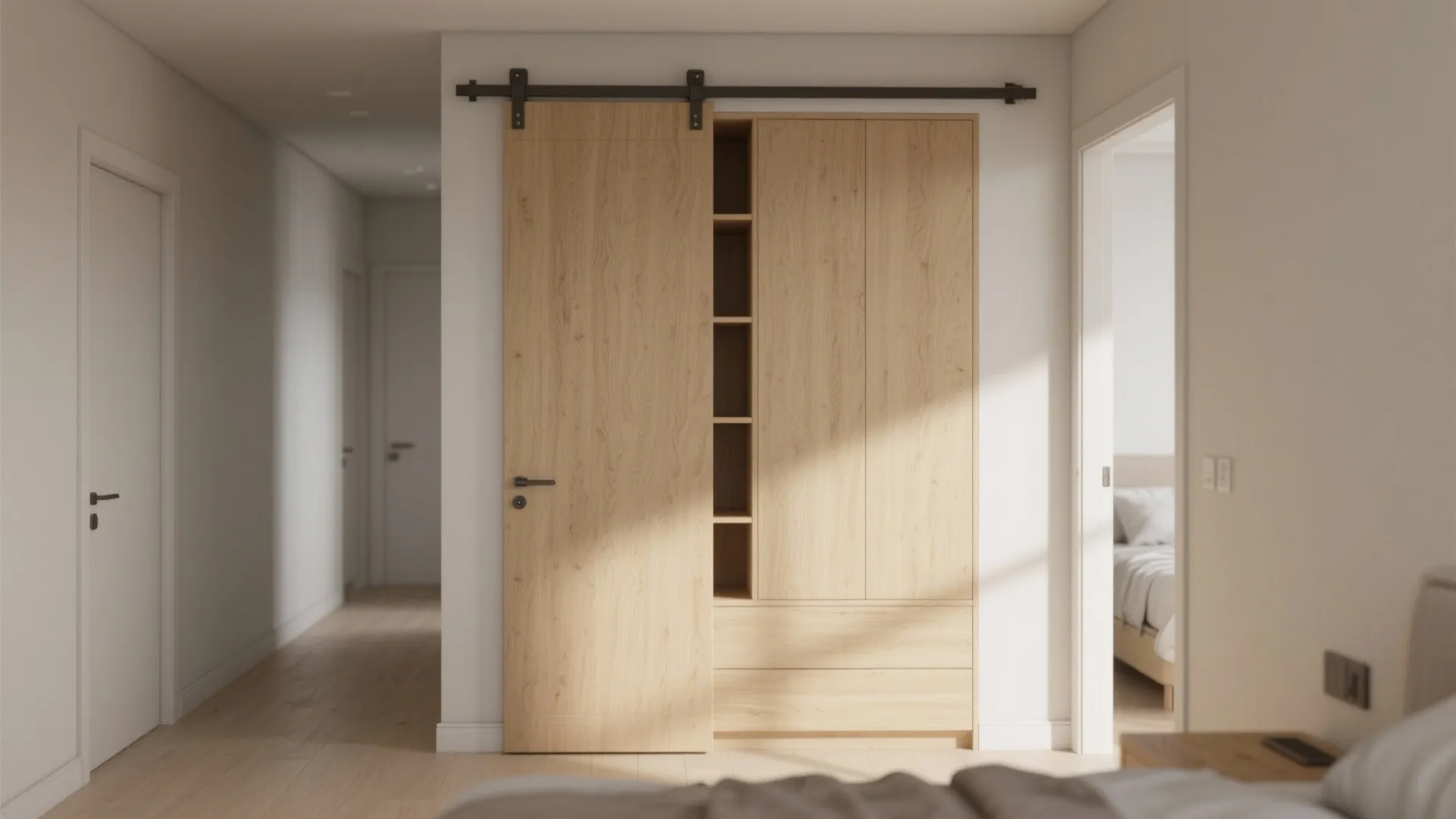 Sliding door bedroom and pocket storage walls