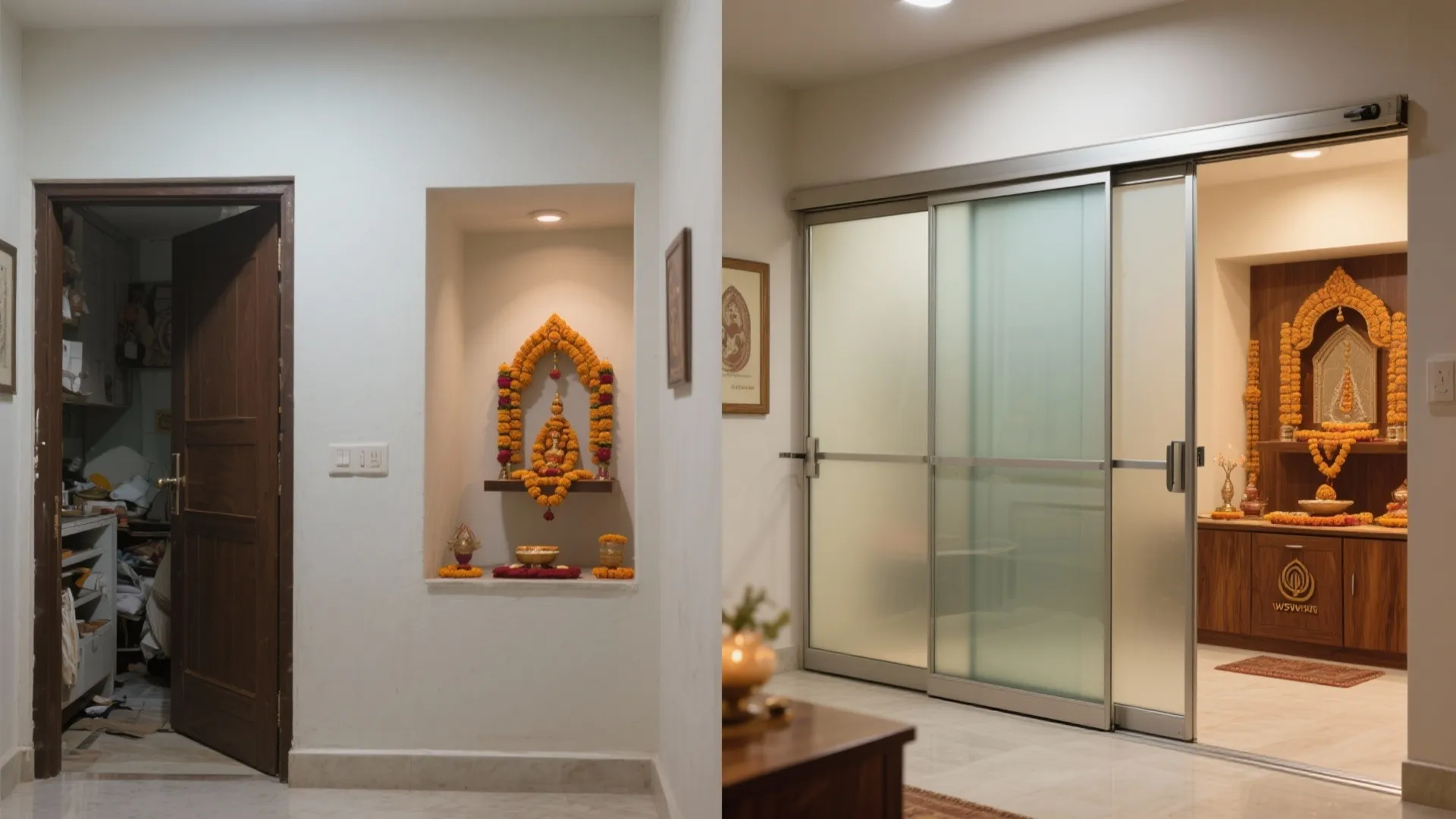Before and after comparison showing a simple wall niche versus a modern sliding glass door