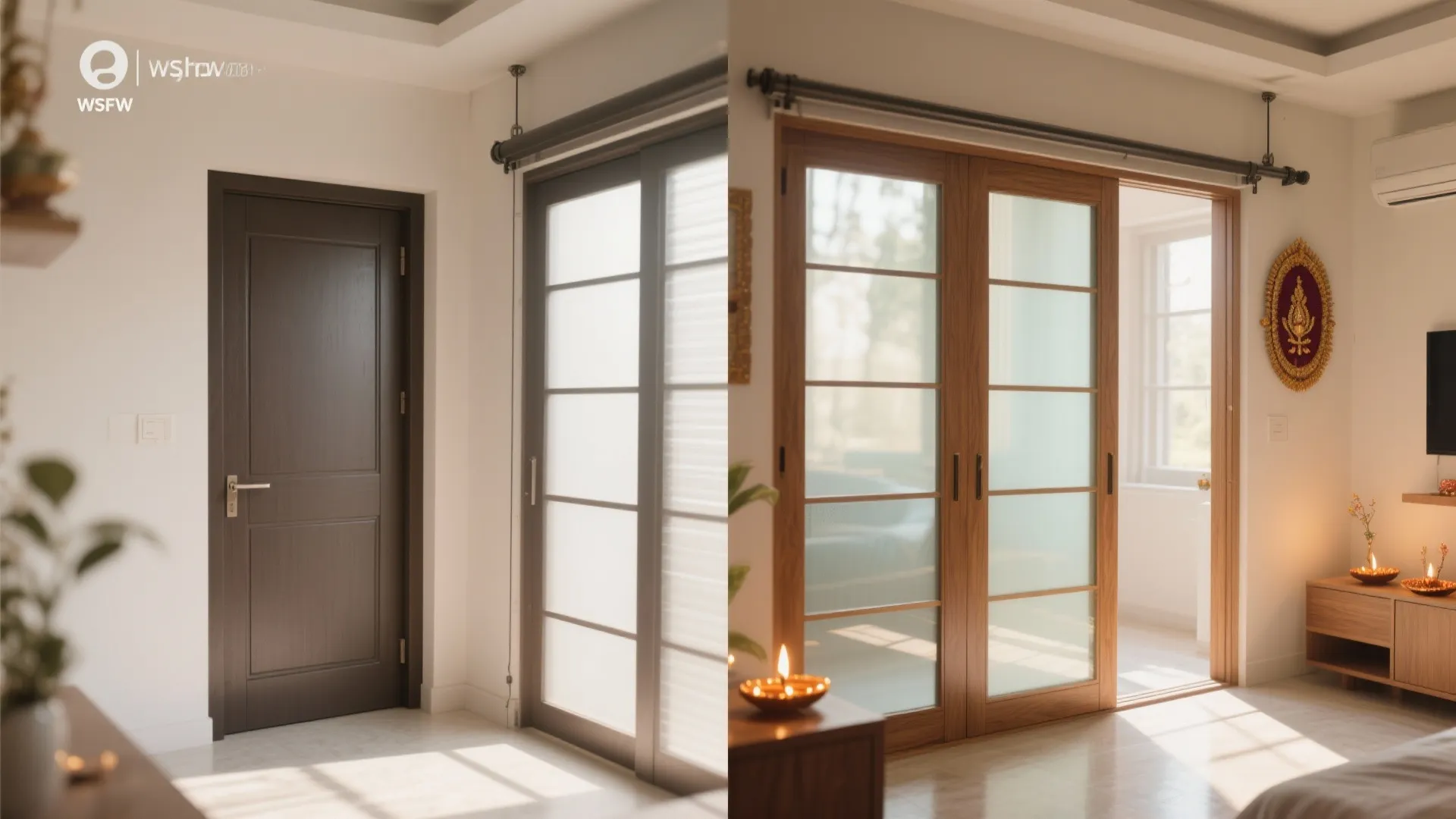 Before and after comparison of dark solid door versus light wood glass sliding room doors