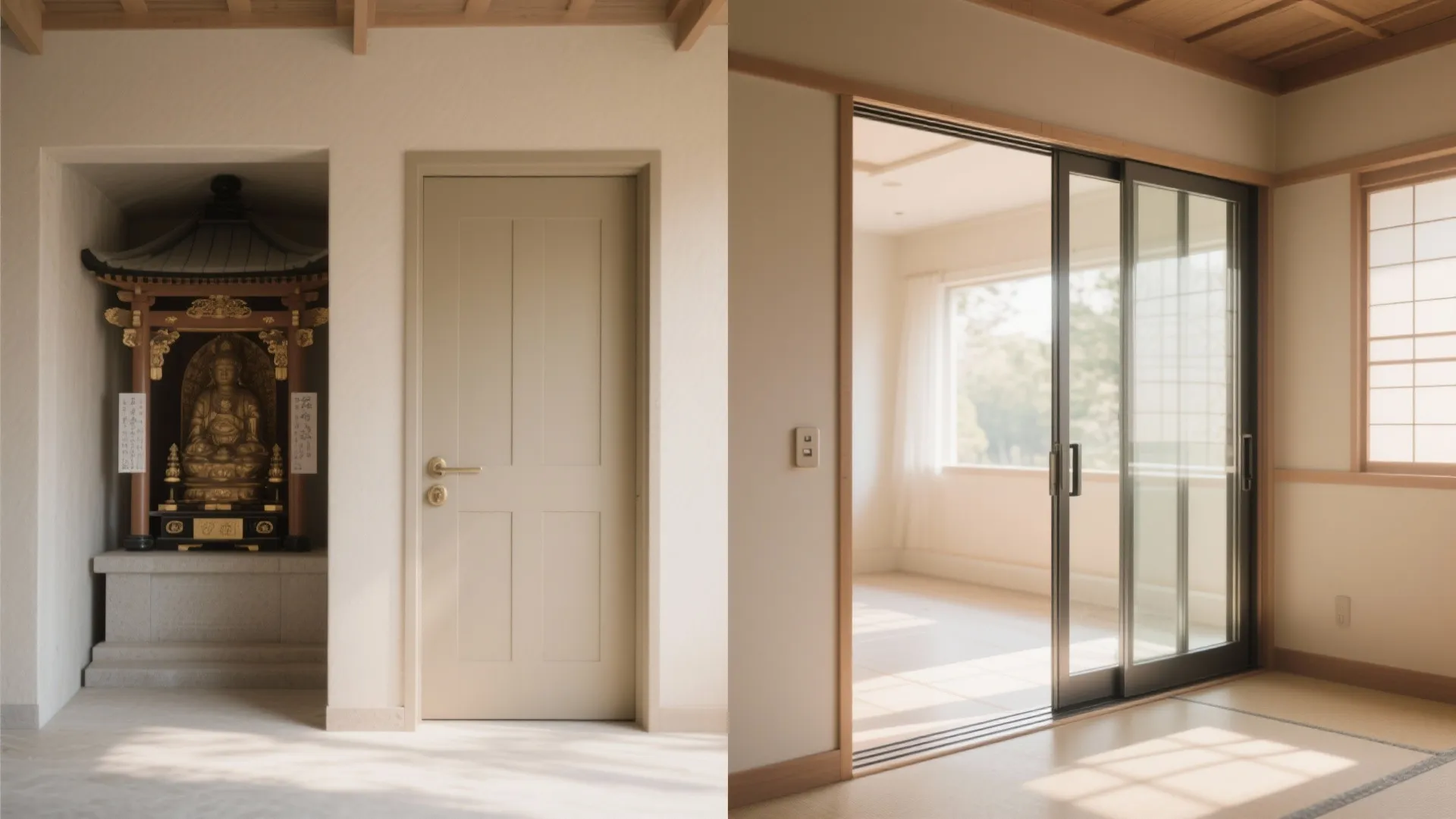 Before-and-after of a shrine alcove switching from a swing door to a sliding glass door for better flow.
