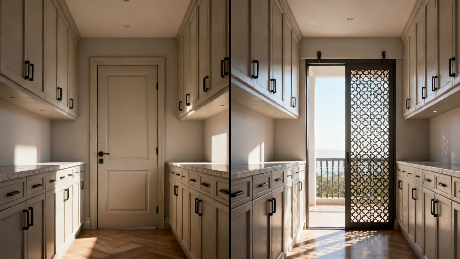 Before: solid door crowding a tiny kitchen; After: sliding jali door improves space and light.