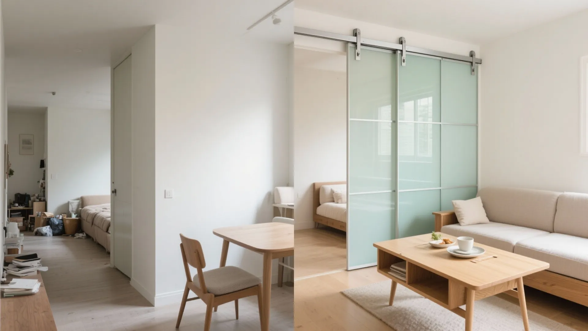 Before and after side by side comparison of a cluttered room versus clean modern apartment