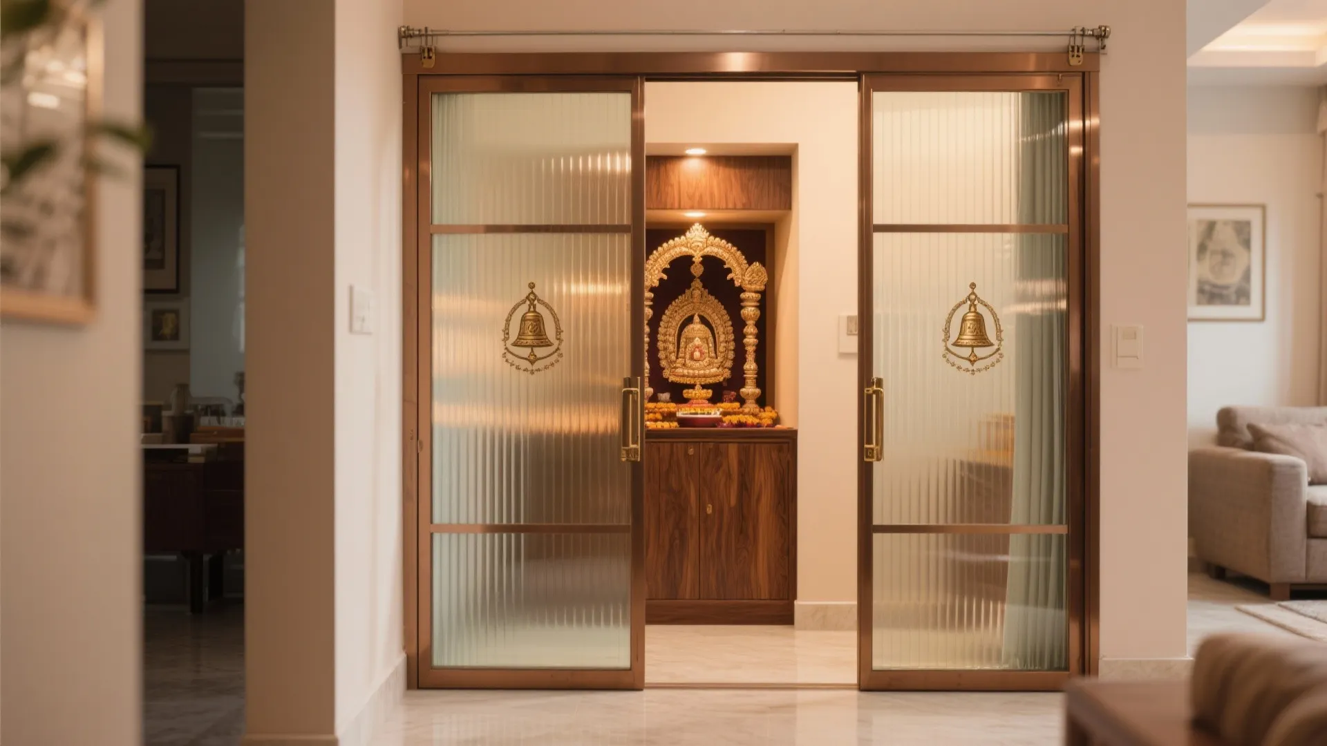 Sliding fluted glass doors with subtle bell motifs reveal a warm pooja corner.