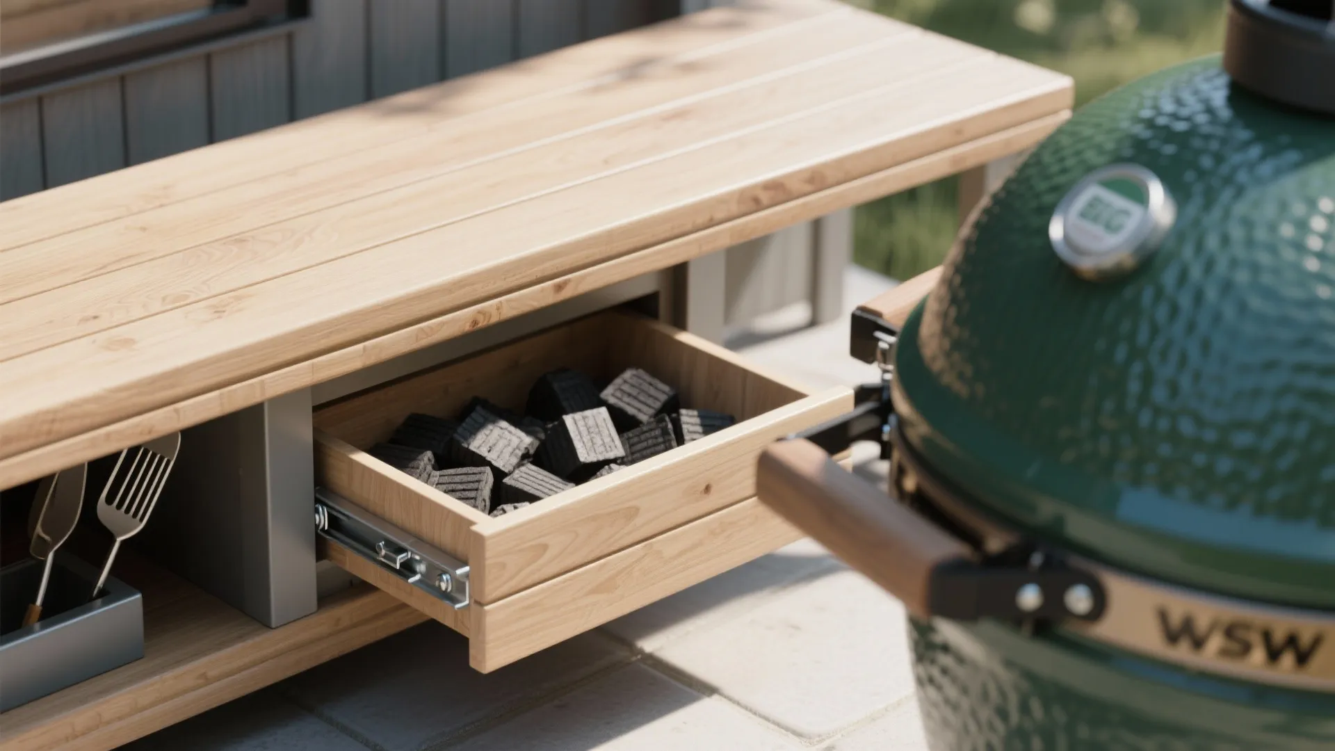 Outdoor wooden bench with an open drawer containing charcoal pieces next to a green ceramic grill