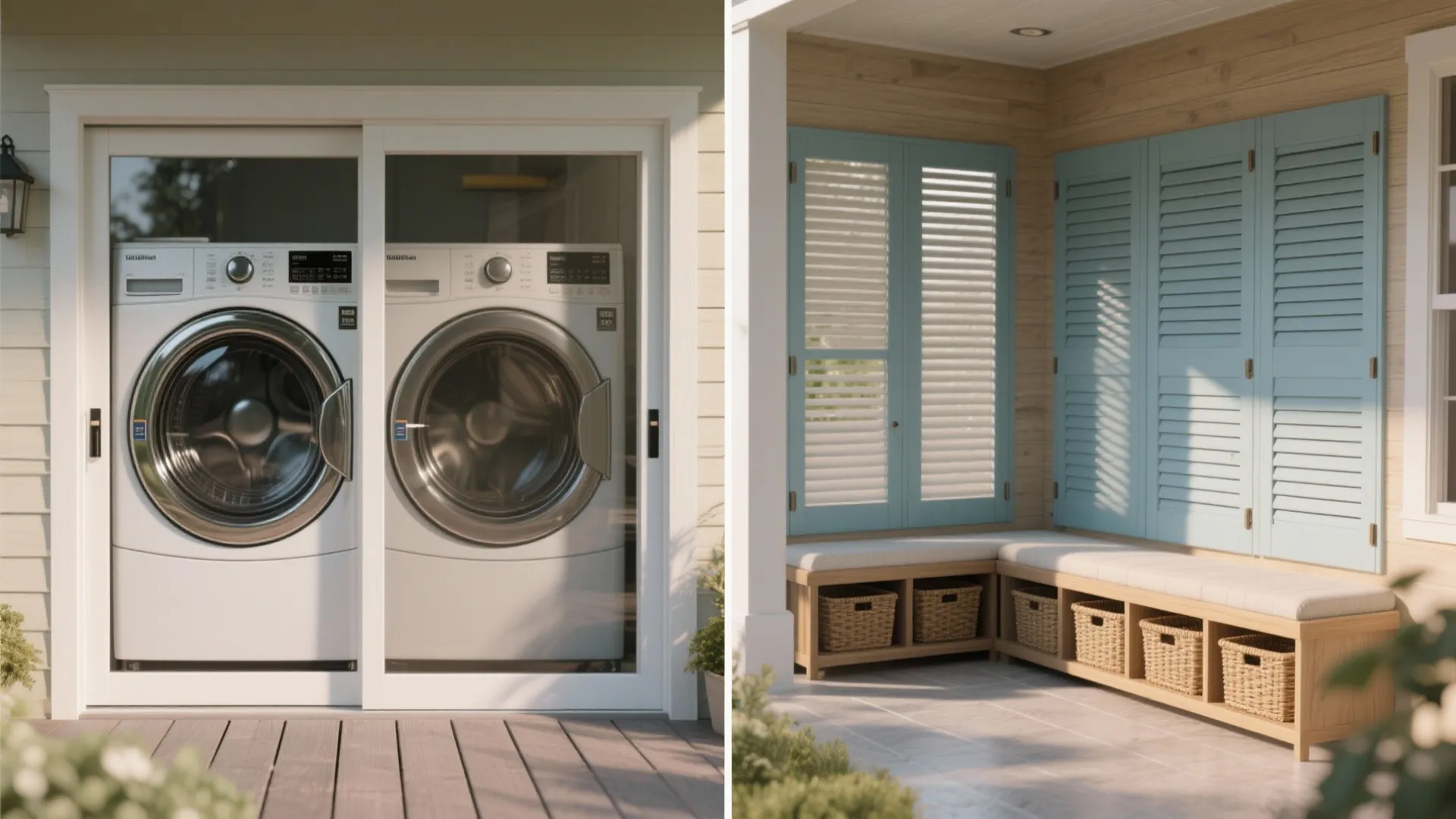 Modern laundry area with white washing machines and wooden bench featuring storage baskets and blue shutters