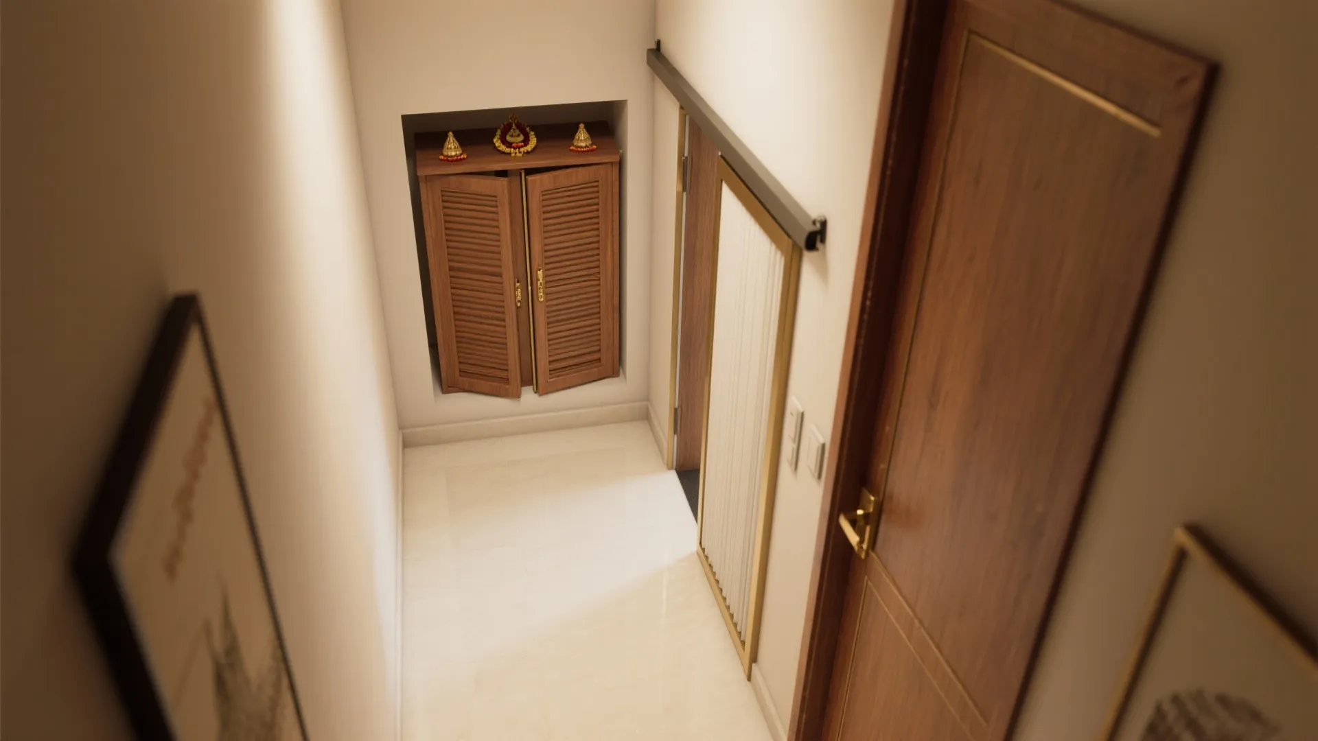 Modern hallway interior design with wooden doors sliding folding screen and wall cabinet with shutters