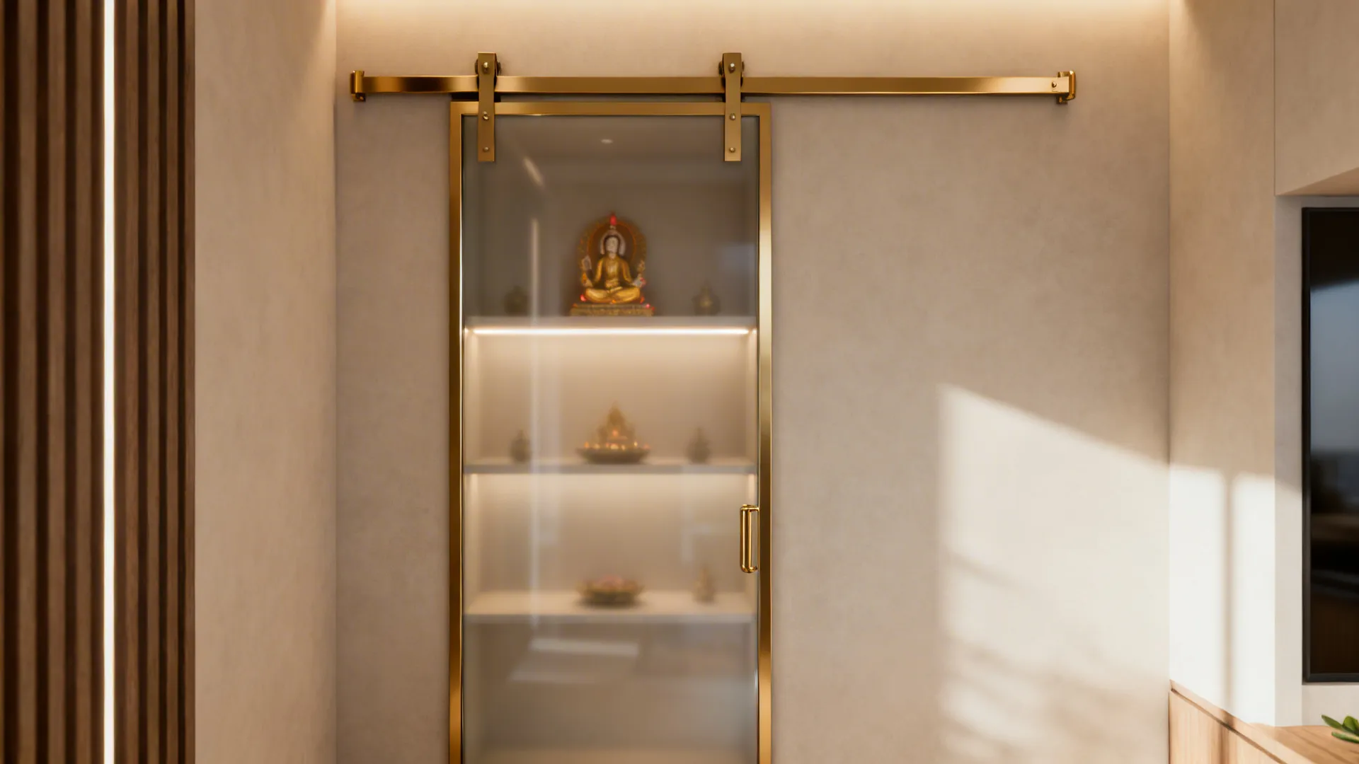 Gold sliding glass door with metal track showing lit shelves and a statue in background