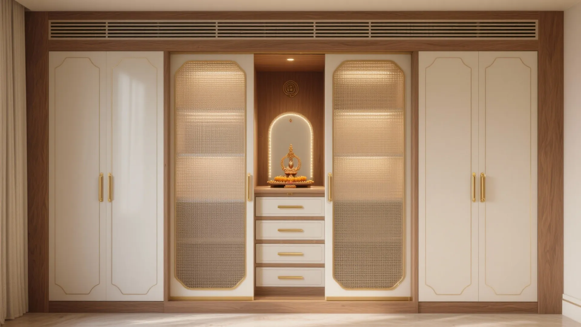 Large white bedroom cabinet with sliding glass doors plus wooden frame and hidden prayer space