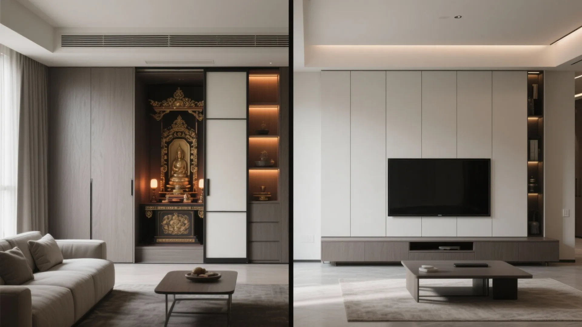 Modern living room with sliding cabinet doors showing hidden shrine and clean television wall storage