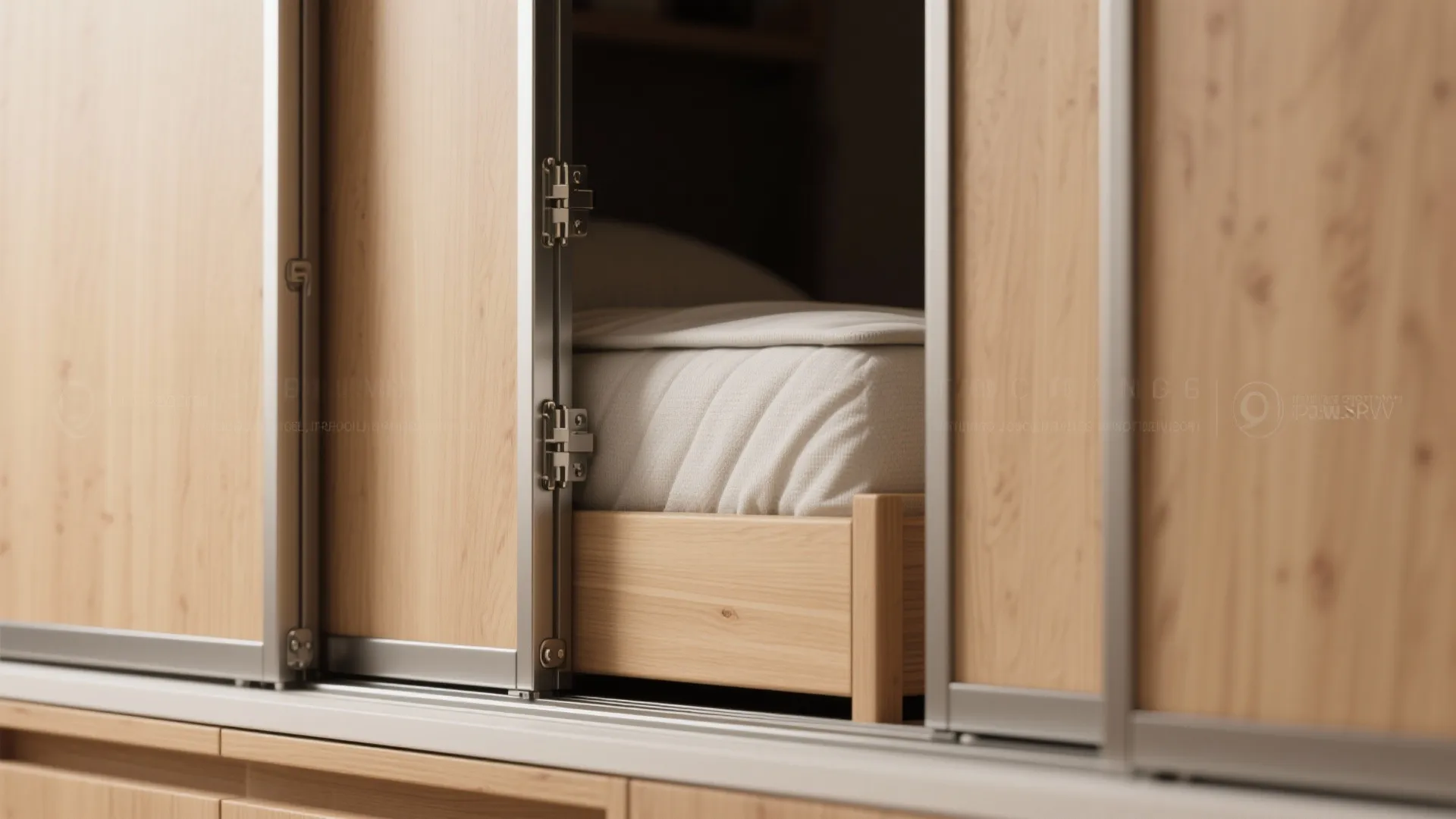 Close-up of a sliding-door cabinet hiding a fold-down bed, showing premium sliding track hardware and wood veneer.