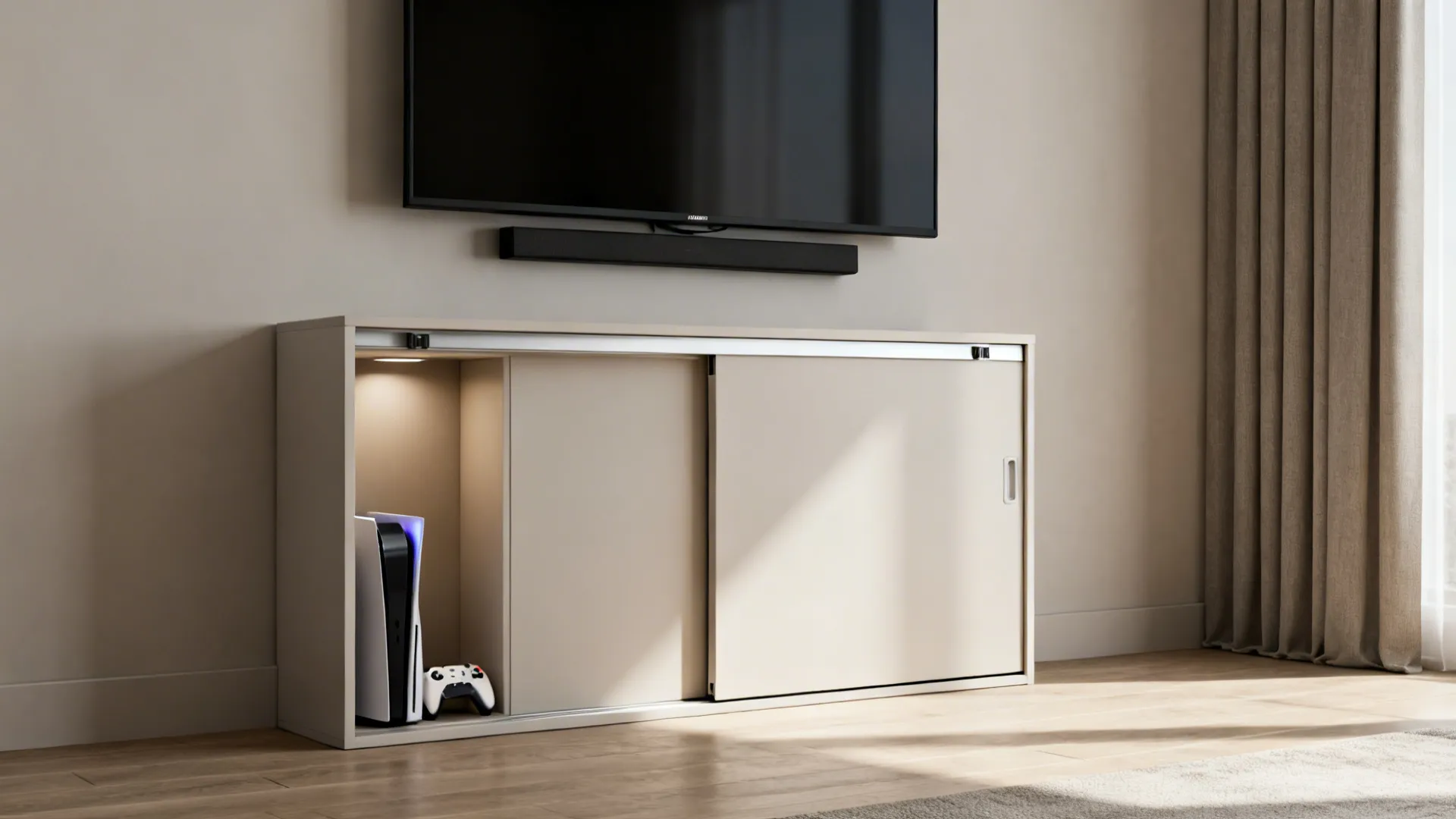 Slim sliding-door cabinet under a mounted TV in a studio apartment