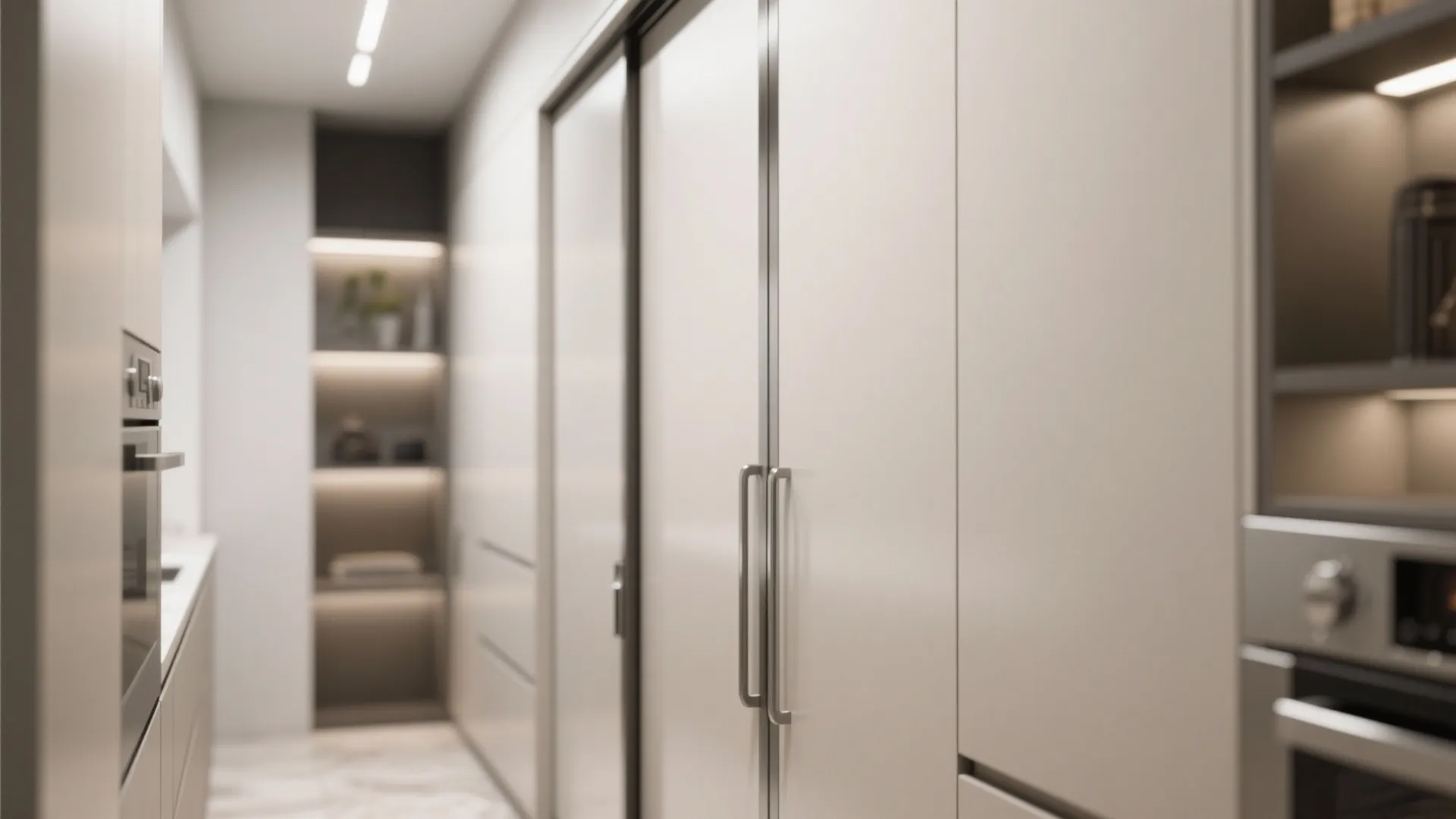 Modern minimalist kitchen with tall white cabinets sliding doors built in oven and warm lighting