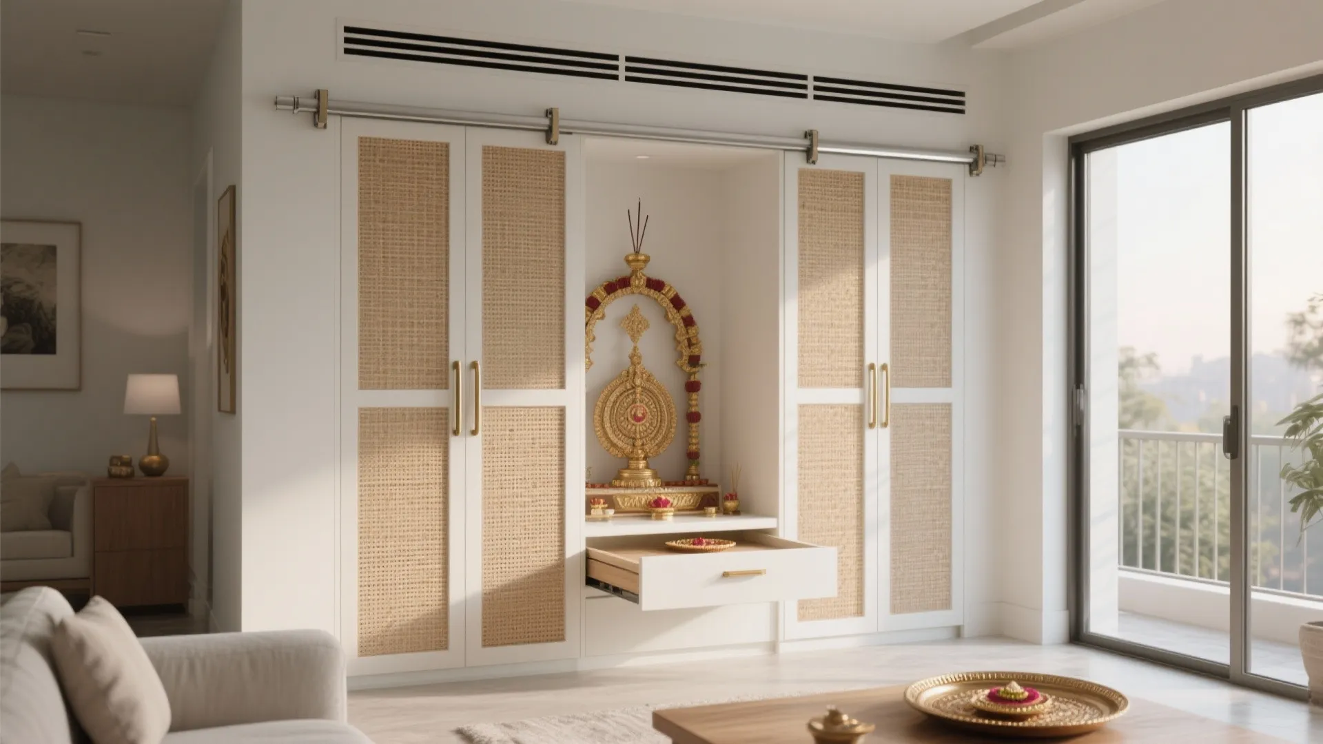 Tall cabinet mandir with cane-panel sliding doors and a light beech interior.