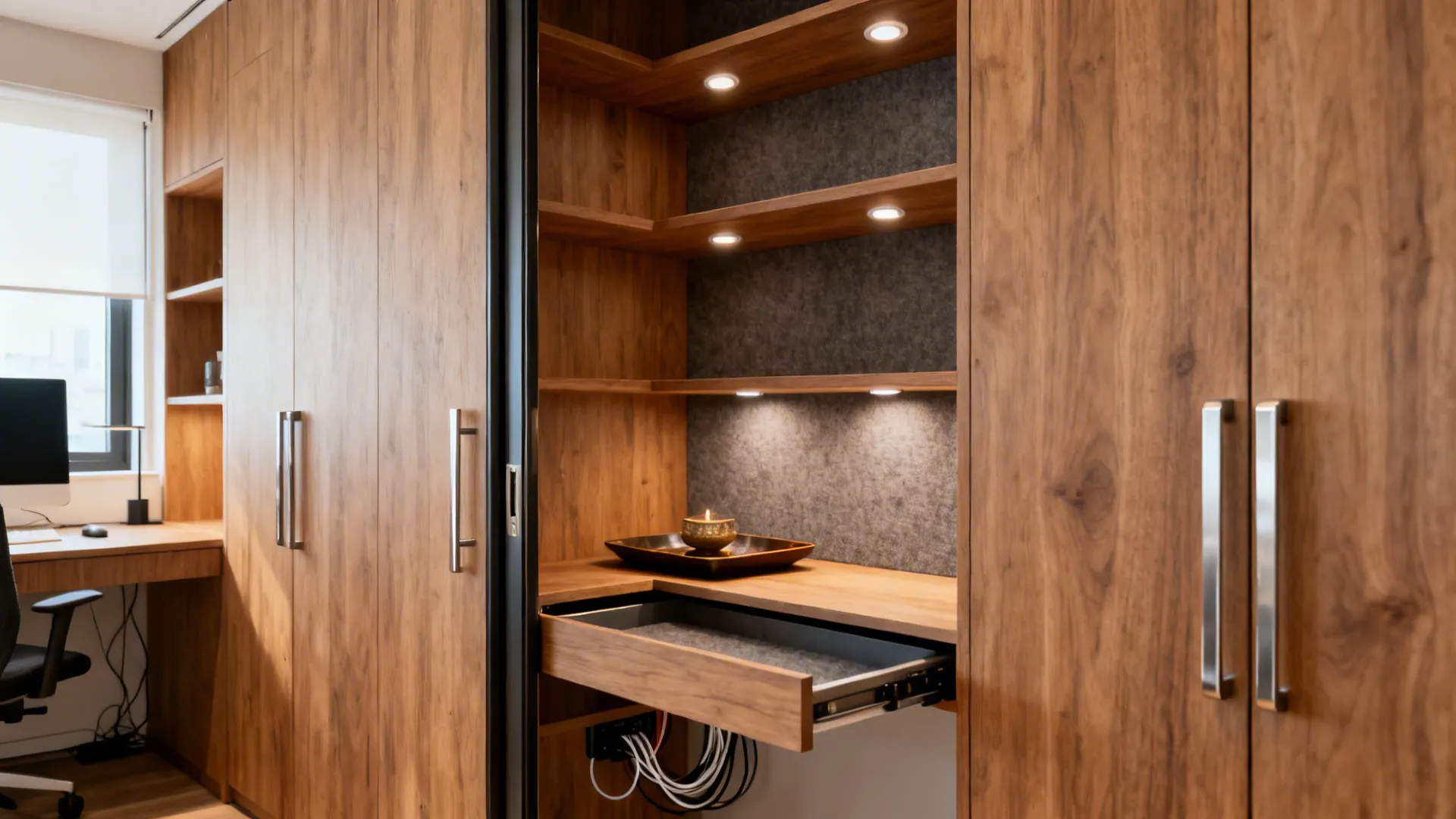 Tall sliding-door wooden pooja cabinet with tiered shelves and diya tray.