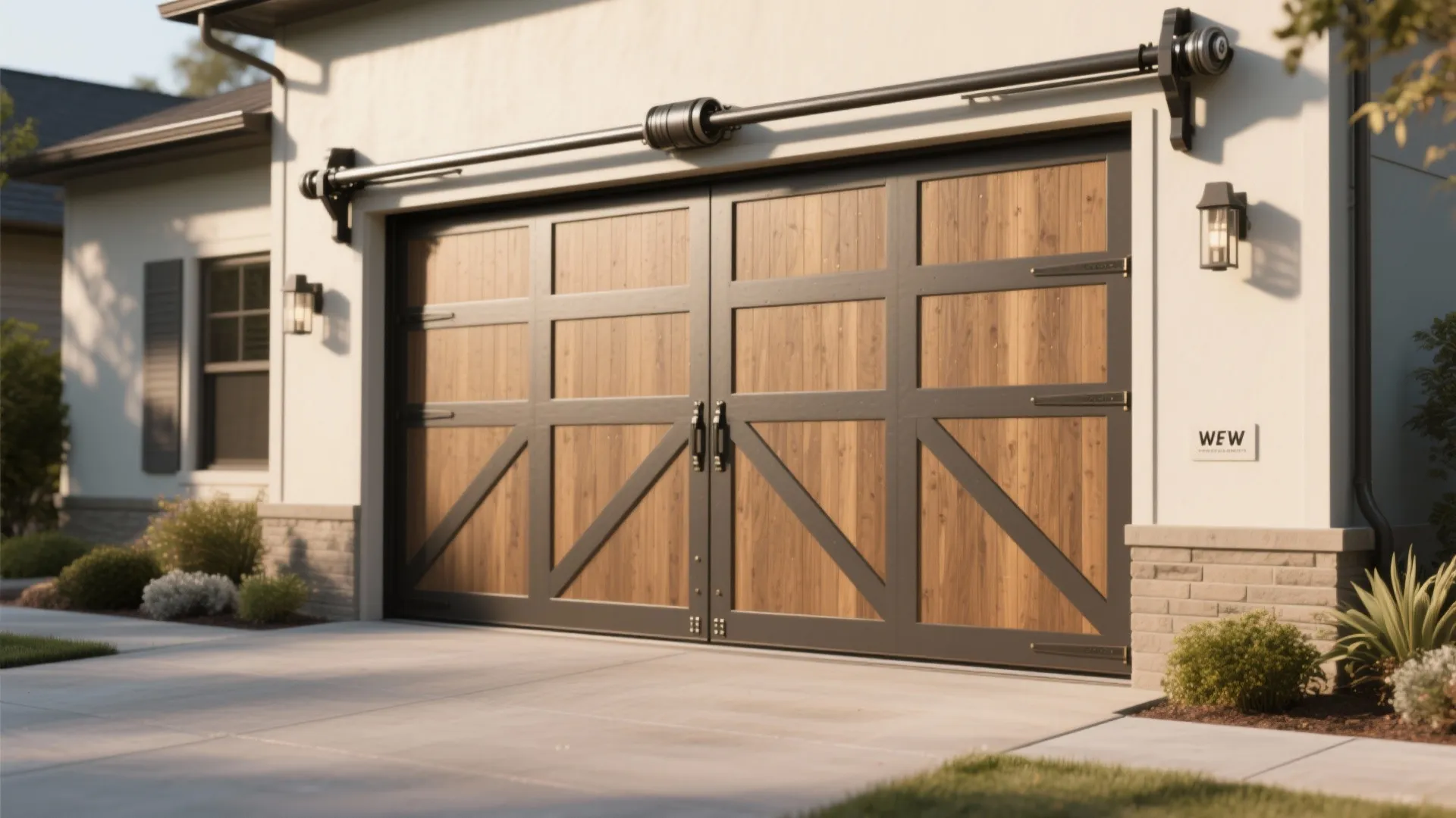 Wooden garage door with black metal frame and sliding rail on white house exterior wall