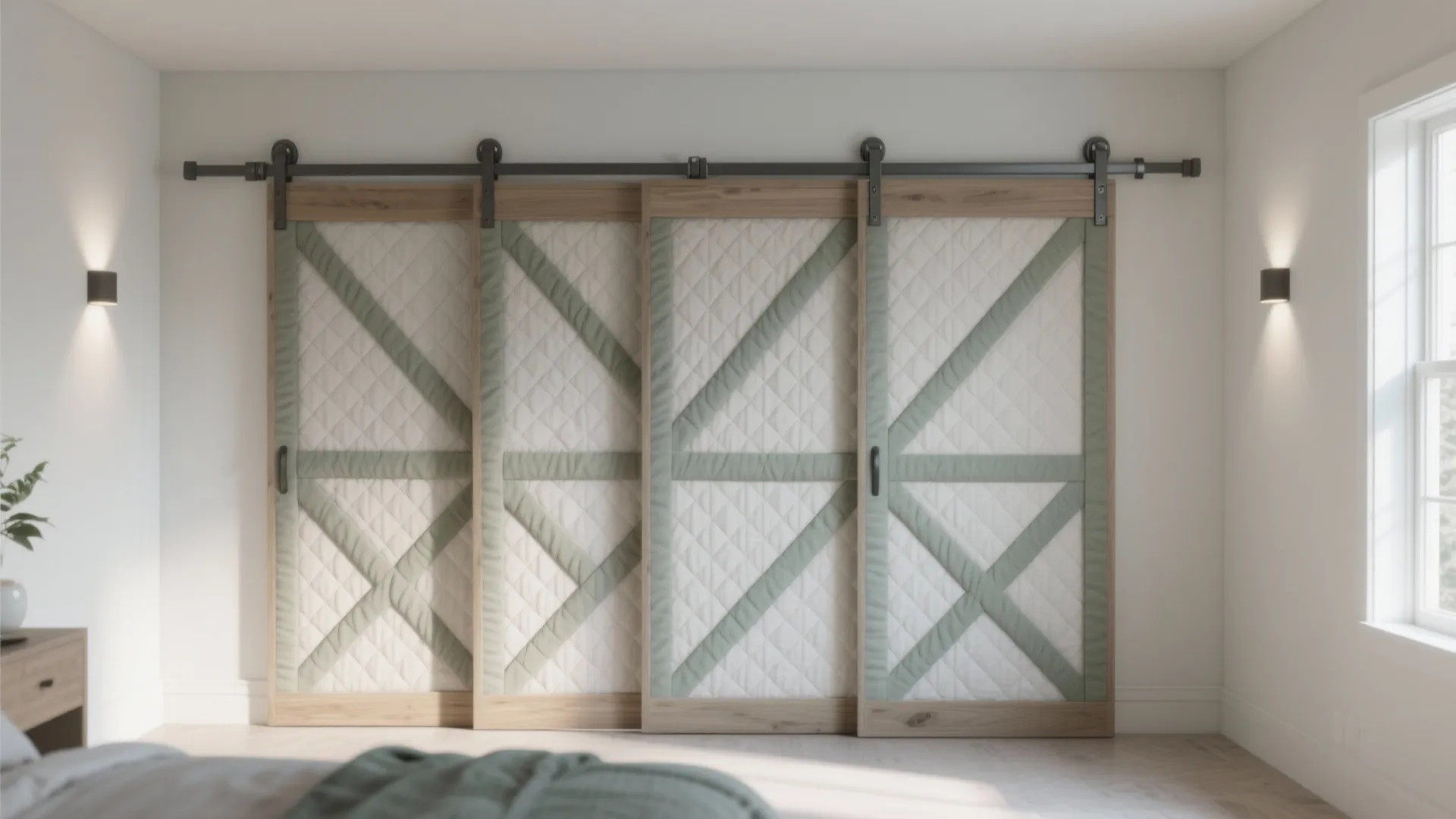 Four sliding barn doors with wooden frames and quilted green fabric panels in a bright room